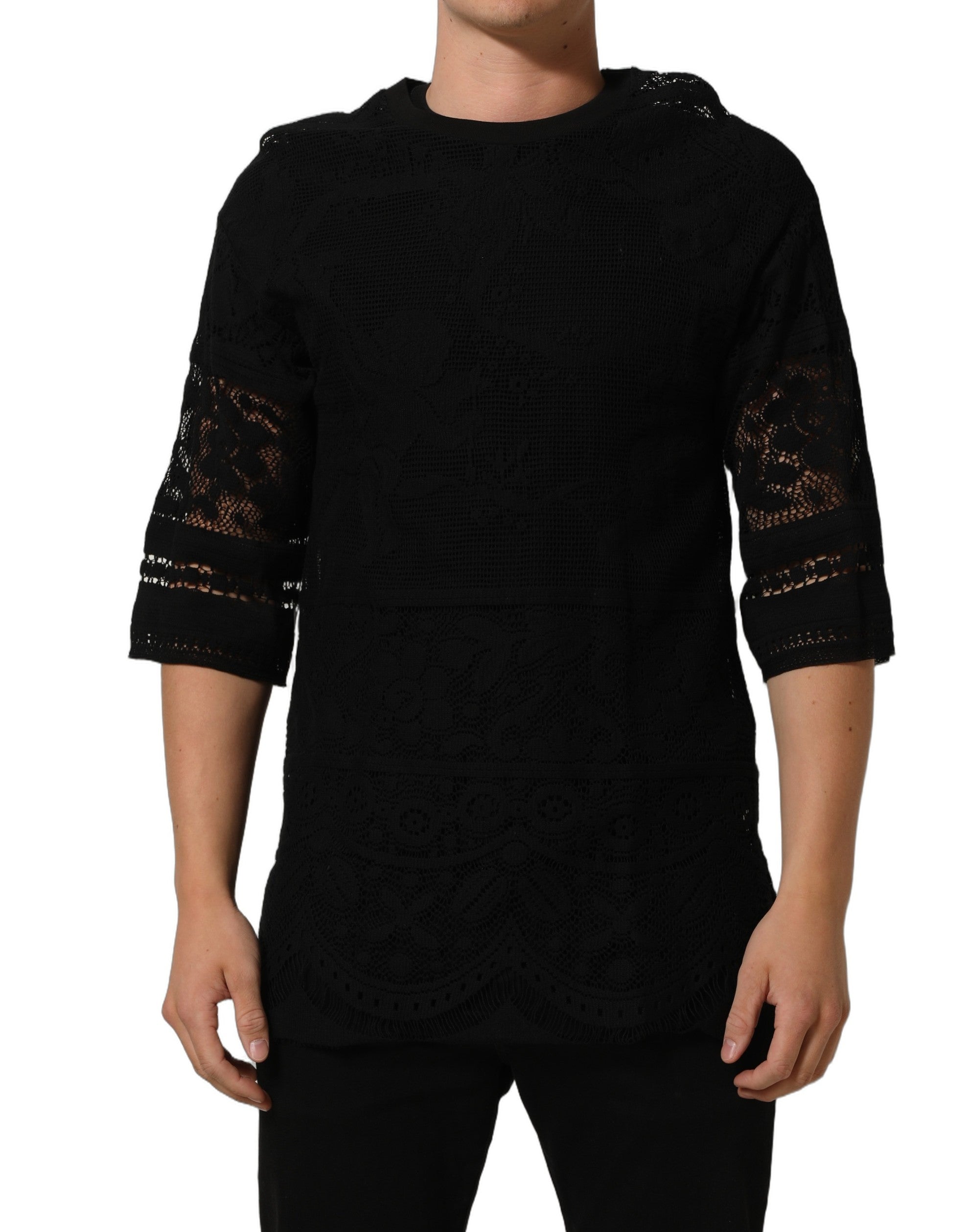 Dolce & Gabbana Schwarzes Baumwoll-T-Shirt mit Blumen-Spitzenbesatz und Rundhalsausschnitt-1