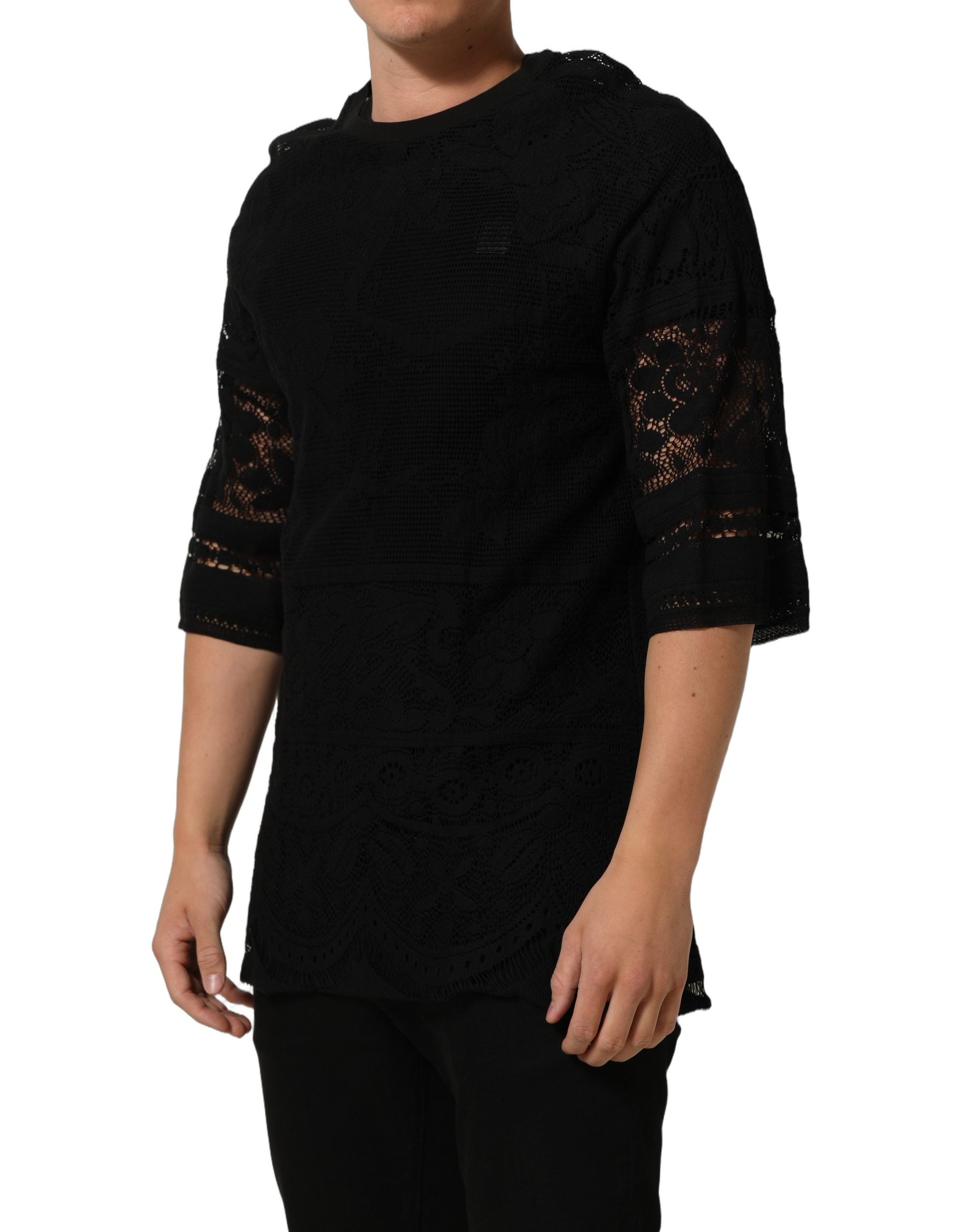 Dolce & Gabbana Schwarzes Baumwoll-T-Shirt mit Blumen-Spitzenbesatz und Rundhalsausschnitt-3