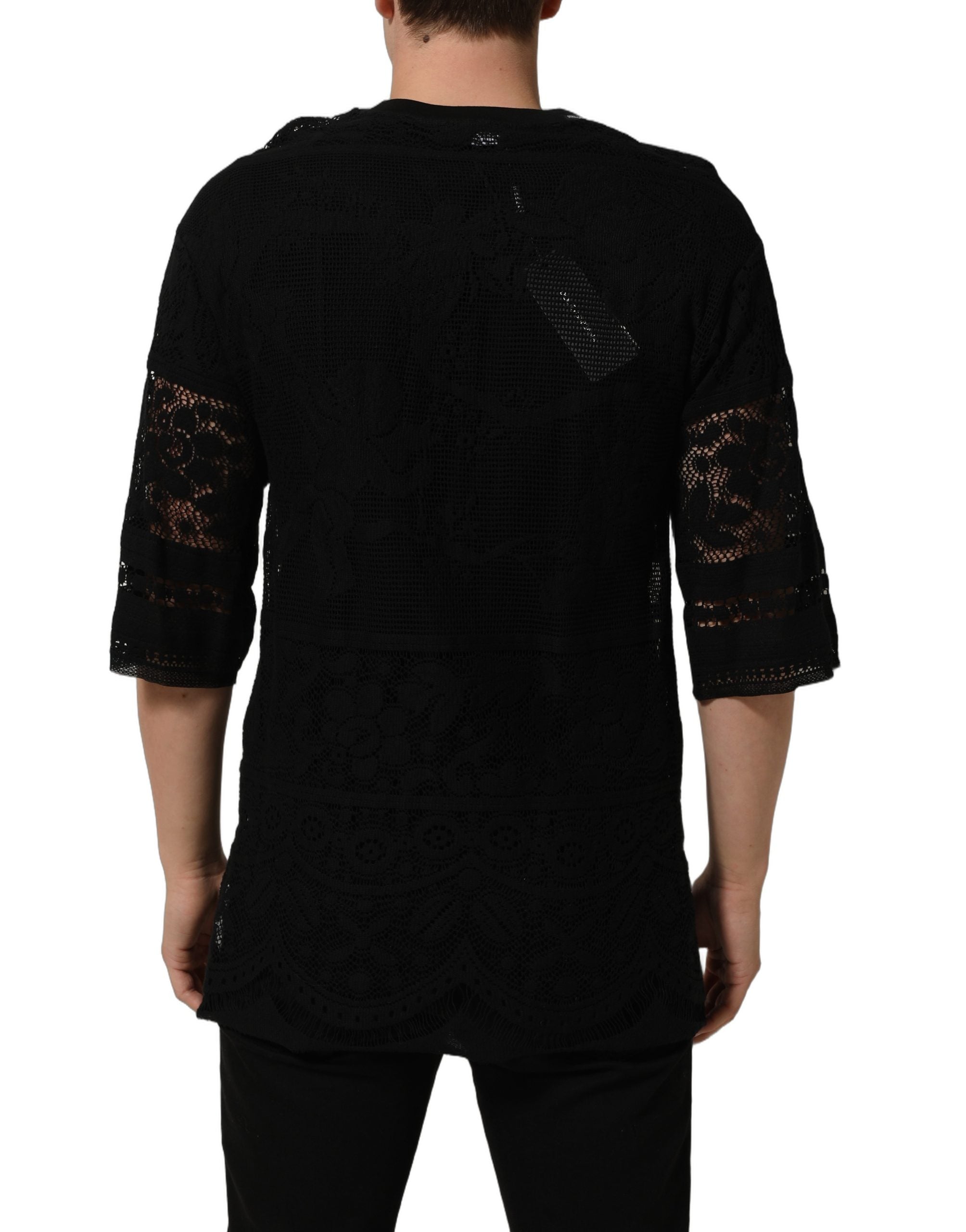 Dolce & Gabbana Schwarzes Baumwoll-T-Shirt mit Blumen-Spitzenbesatz und Rundhalsausschnitt-4