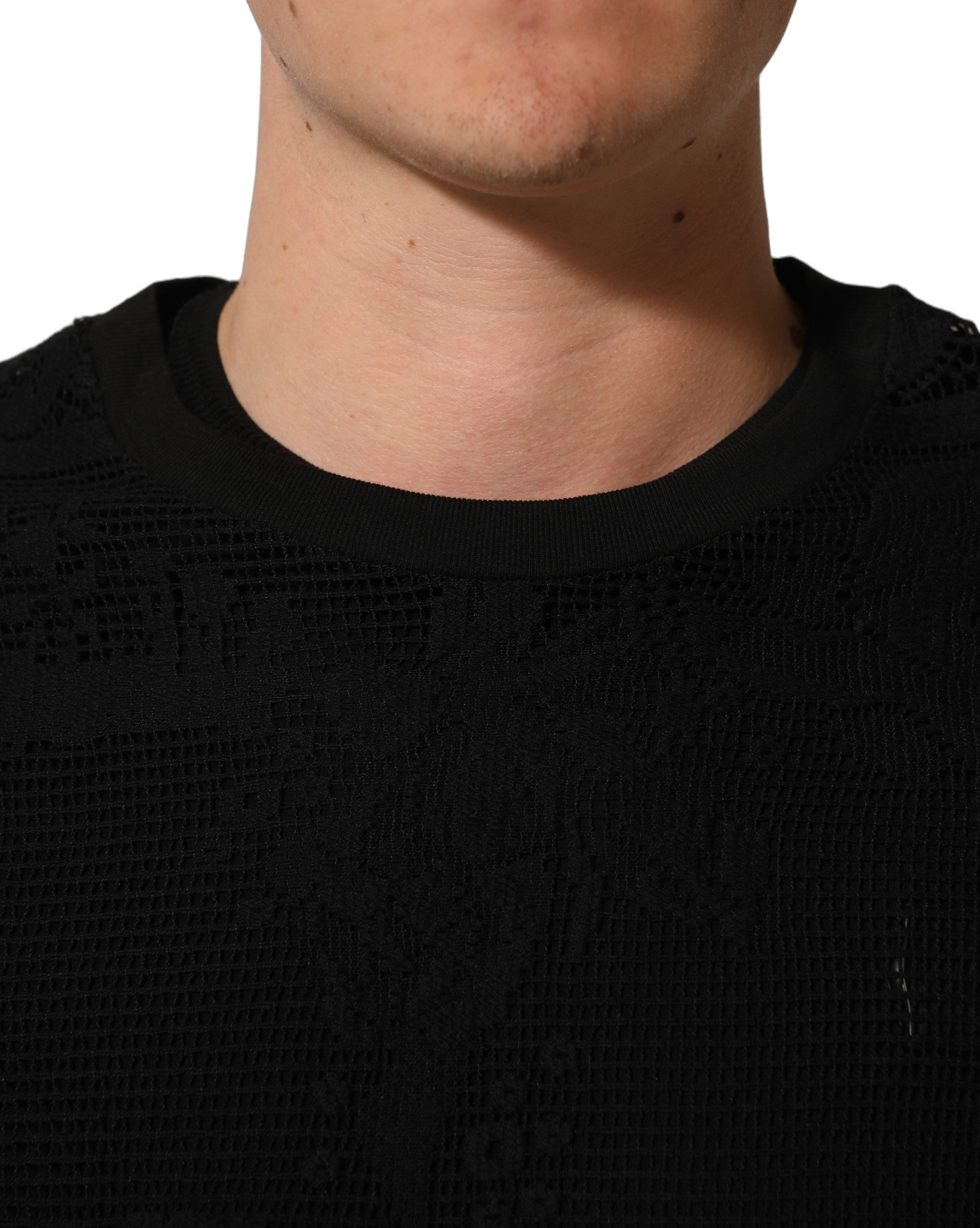 Dolce & Gabbana Schwarzes Baumwoll-T-Shirt mit Blumen-Spitzenbesatz und Rundhalsausschnitt-5