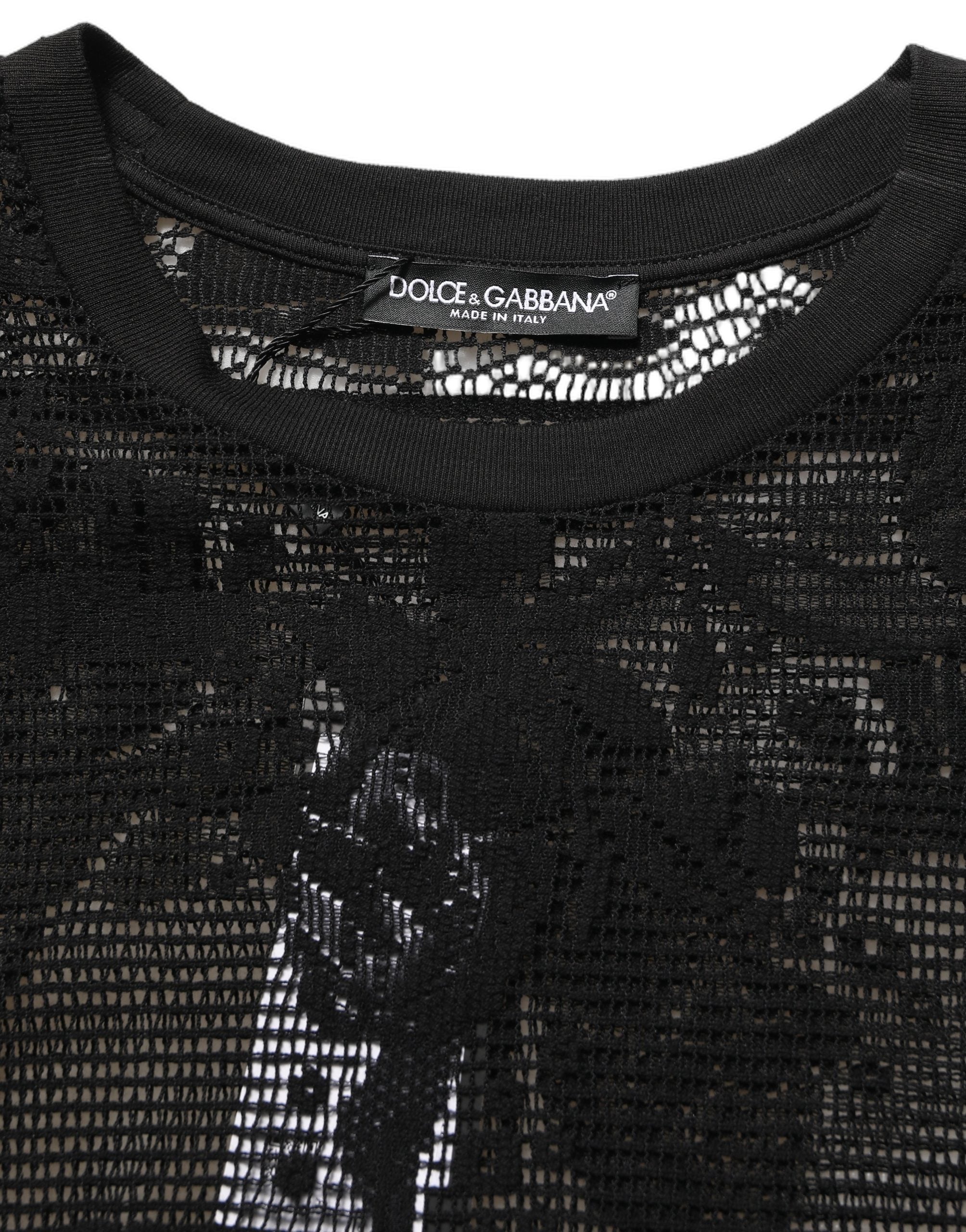 Dolce & Gabbana Schwarzes Baumwoll-T-Shirt mit Blumen-Spitzenbesatz und Rundhalsausschnitt-6