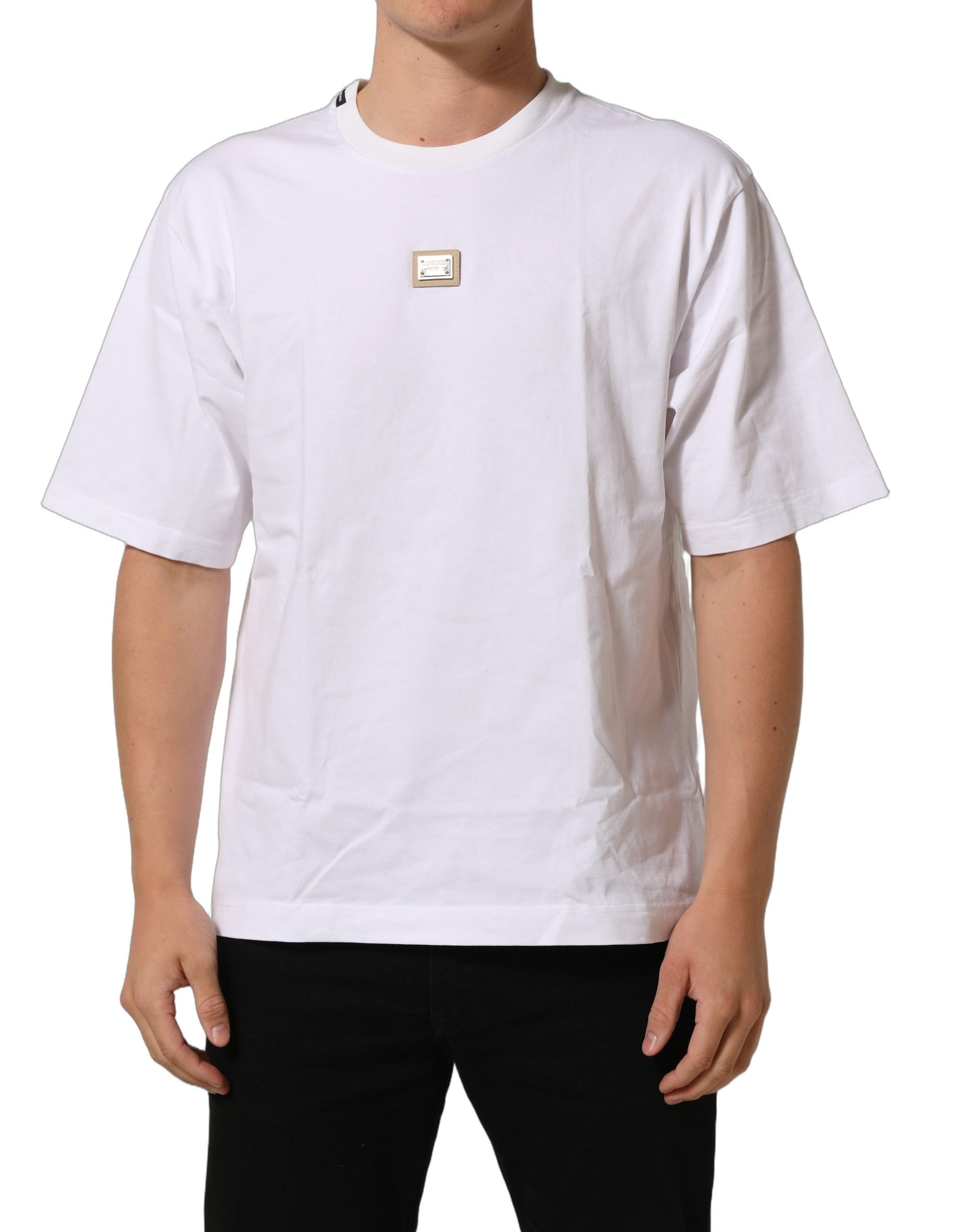 Dolce & Gabbana Weißes Baumwoll-T-Shirt mit Rundhalsausschnitt und Logo-Plakette-3