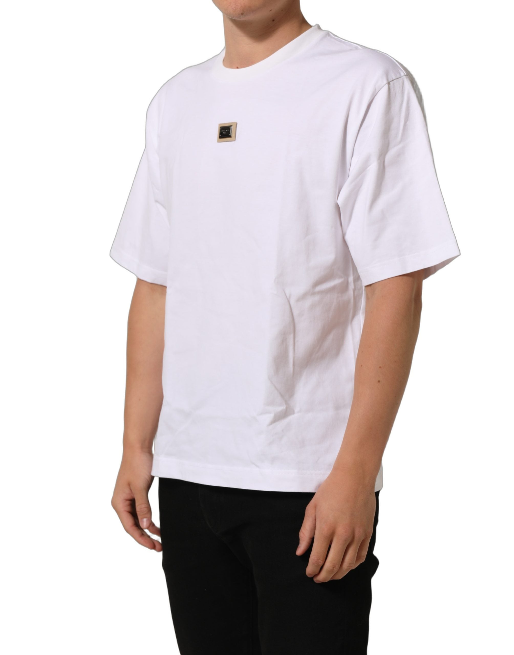 Dolce & Gabbana Weißes Baumwoll-T-Shirt mit Rundhalsausschnitt und Logo-Plakette-5