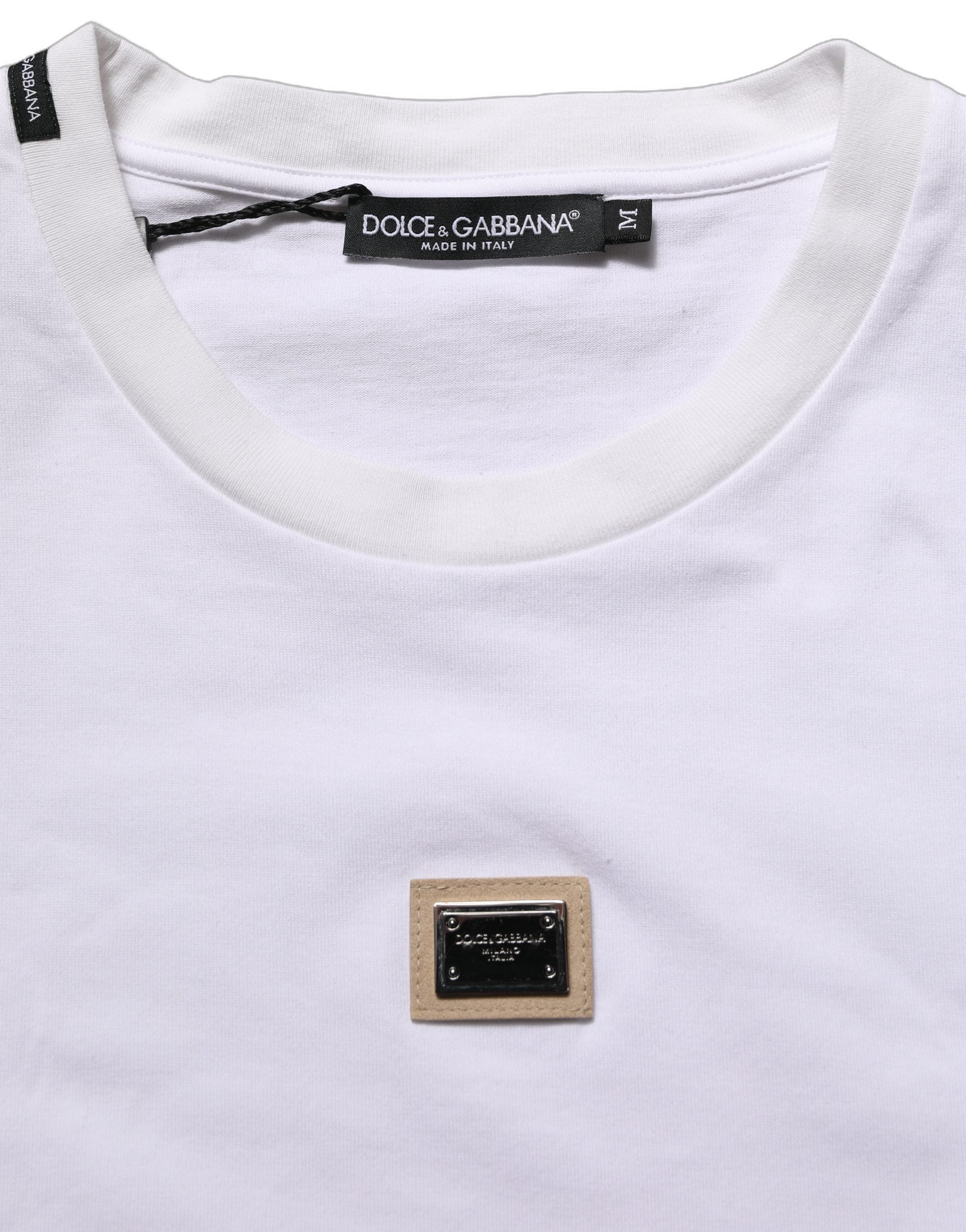 Dolce & Gabbana Weißes Baumwoll-T-Shirt mit Rundhalsausschnitt und Logo-Plakette-7