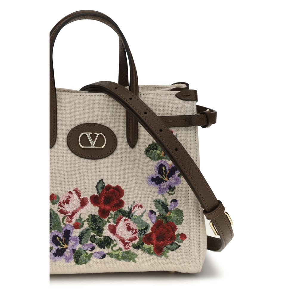 Valentino Garavani Beige Leinen Schultertasche-4