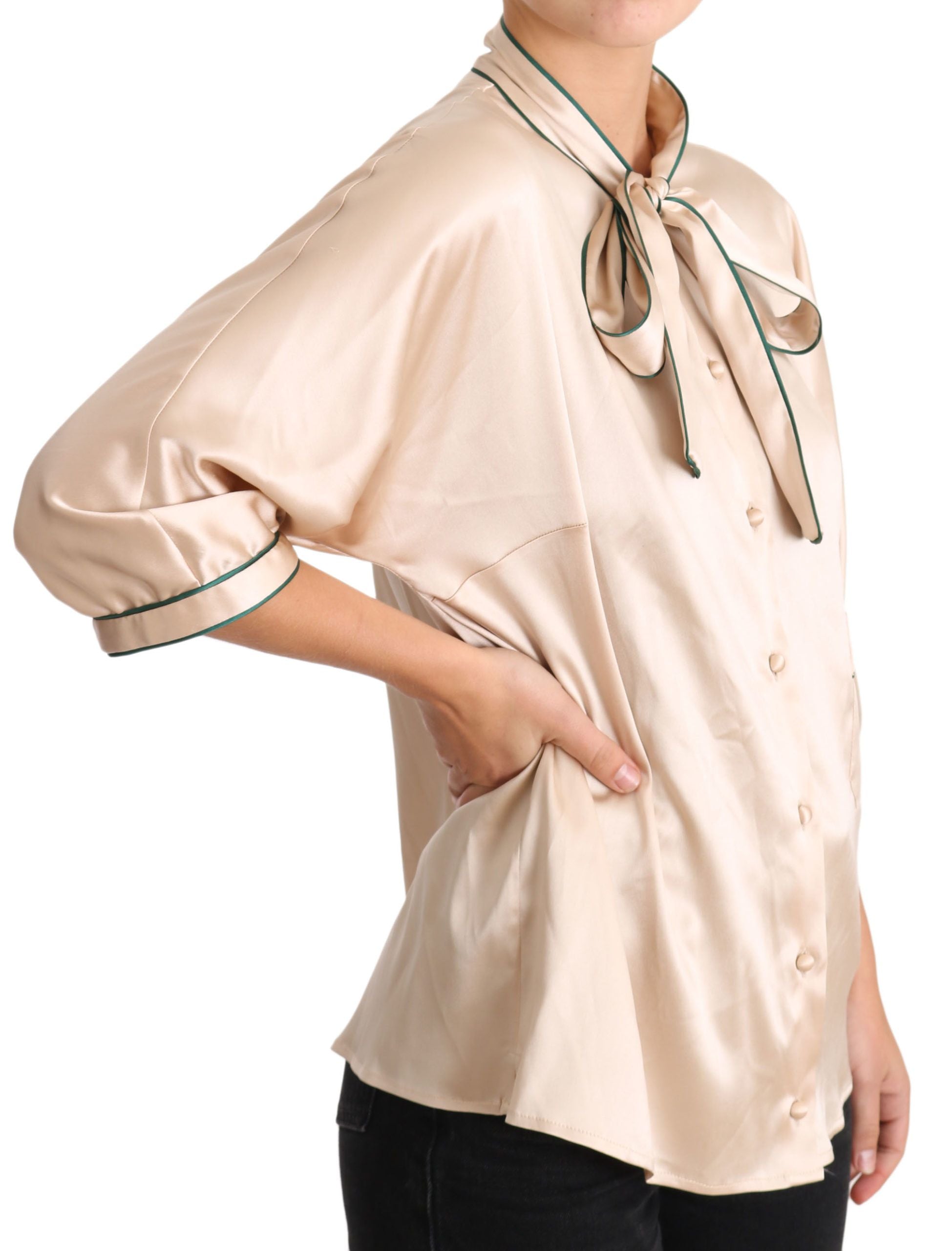 Dolce & Gabbana Beige Ribbon Silk Stretch Top Blouse-2