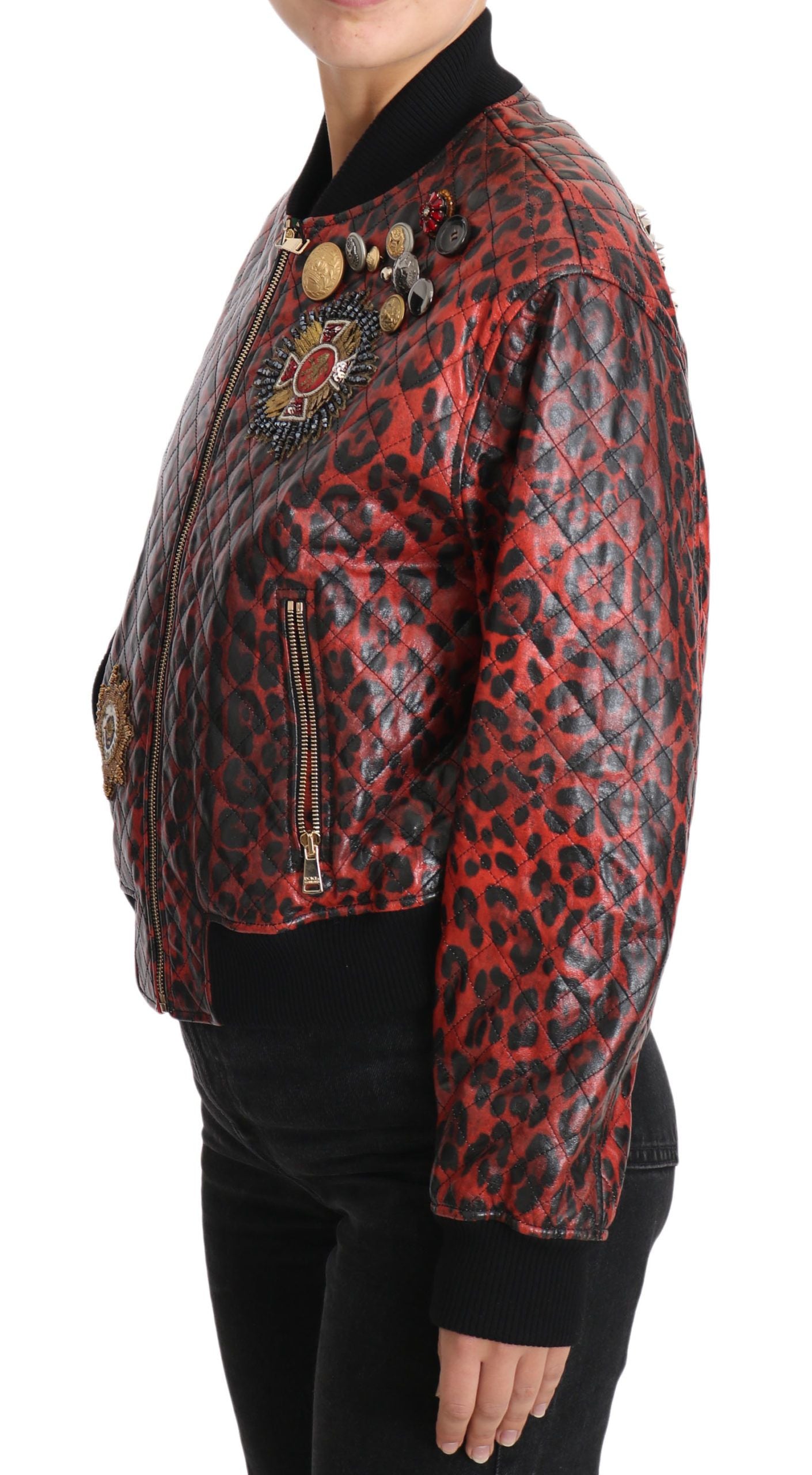 Dolce & Gabbana Red Leopard Button Crystal Leather Jacket-2