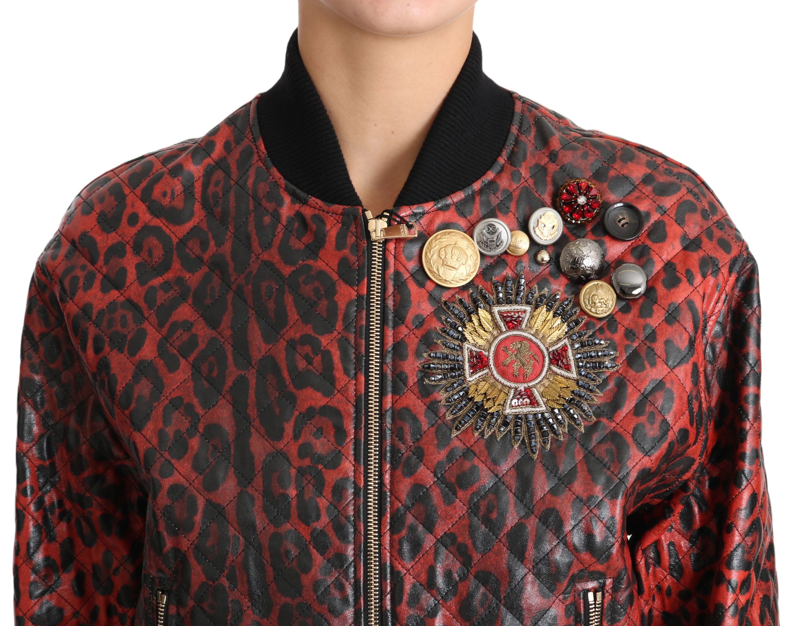 Dolce & Gabbana Red Leopard Button Crystal Leather Jacket-4