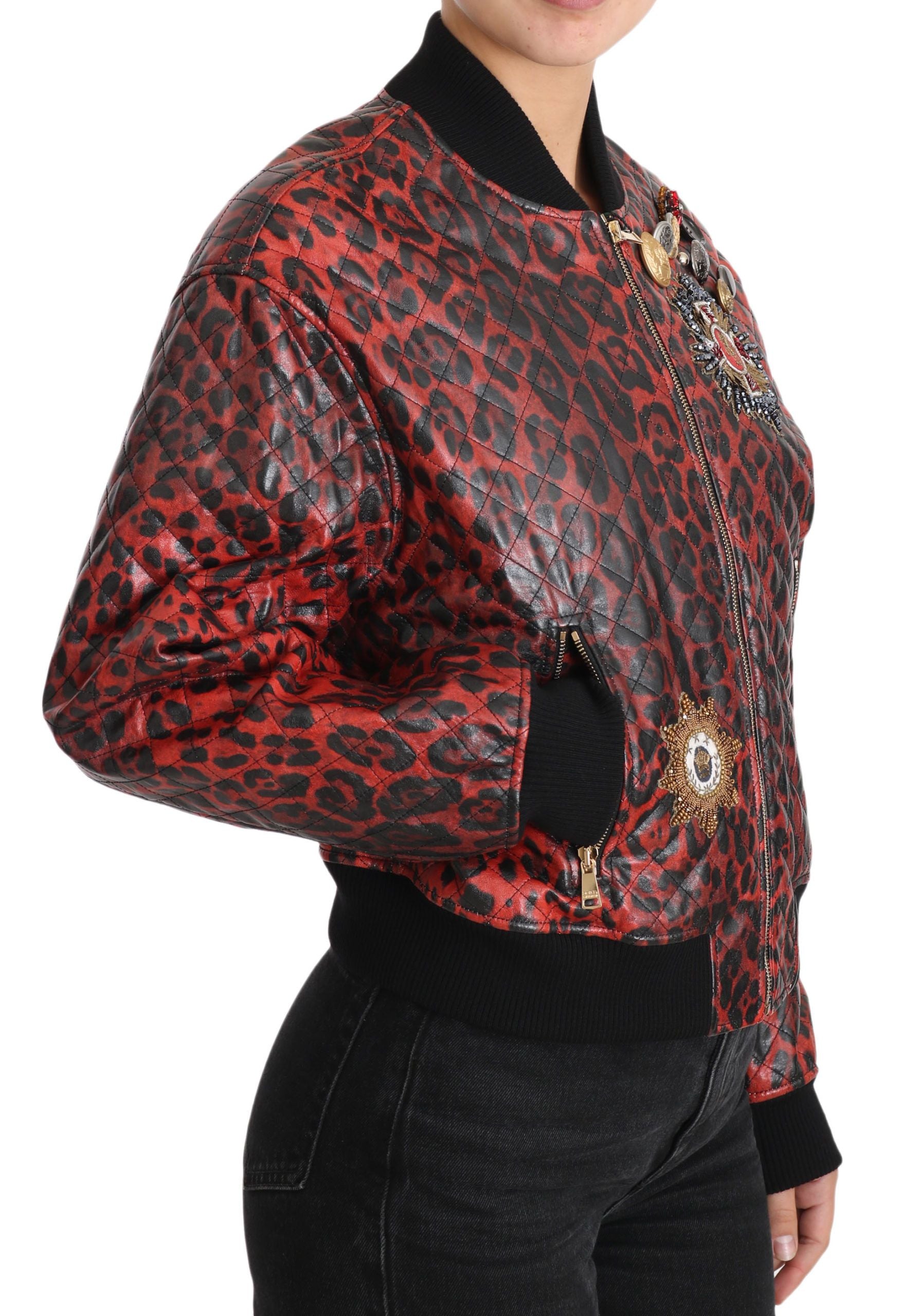 Dolce & Gabbana Red Leopard Button Crystal Leather Jacket-5