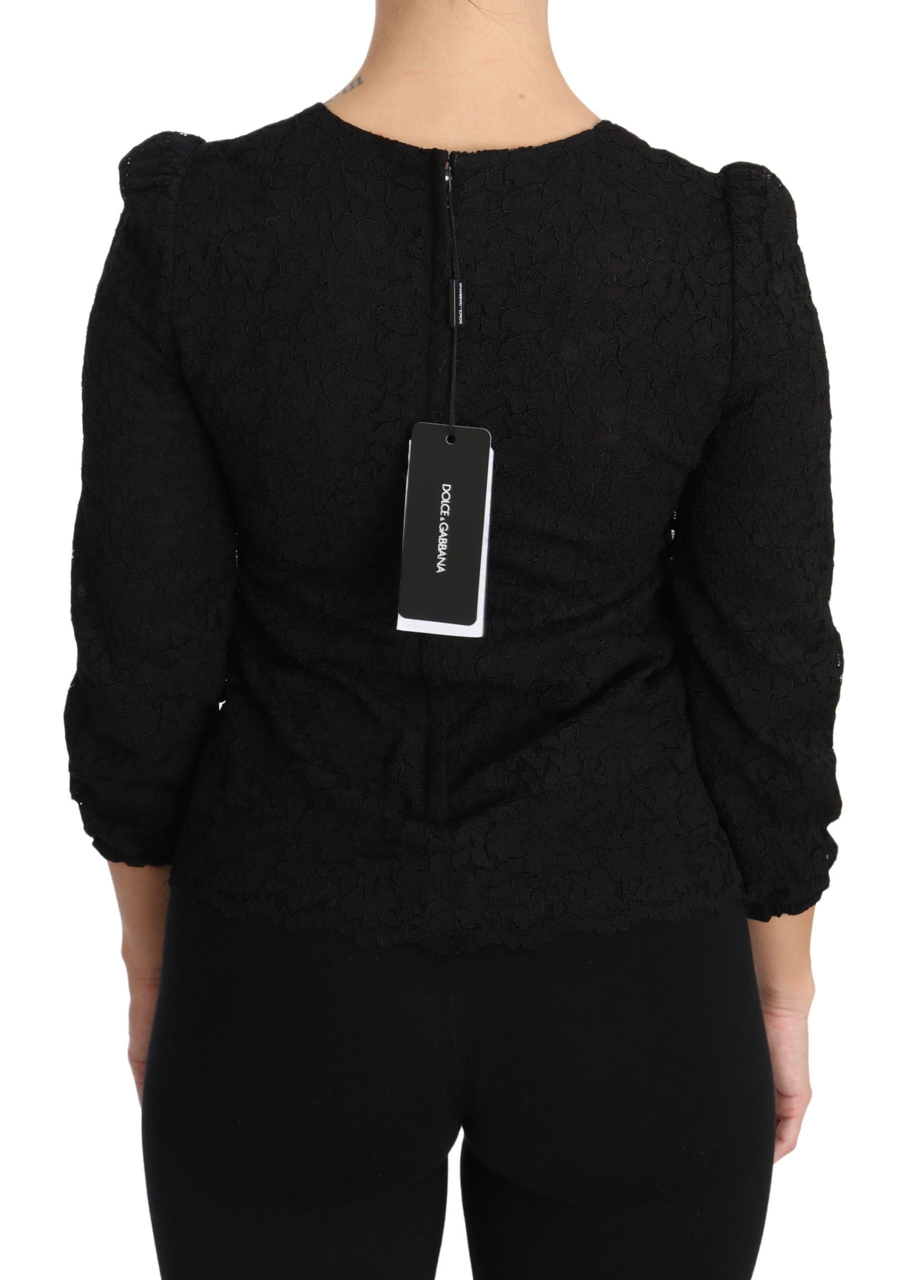 Blusa negra Dolce & Gabbana con encaje floral y cremallera-3