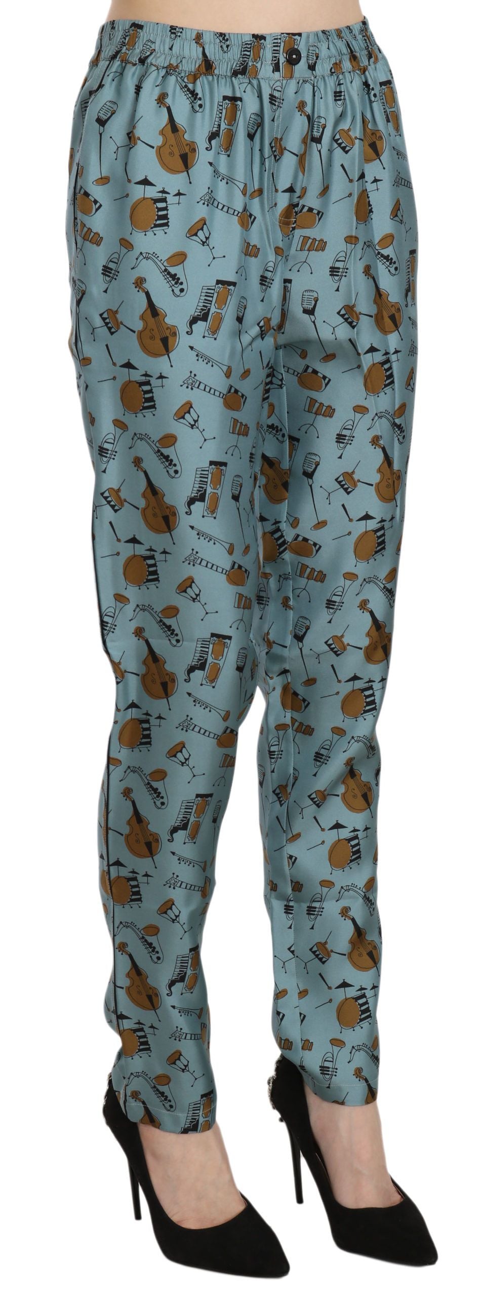 Dolce & Gabbana Blue Tapered Pants with Musical Instrument Print-2