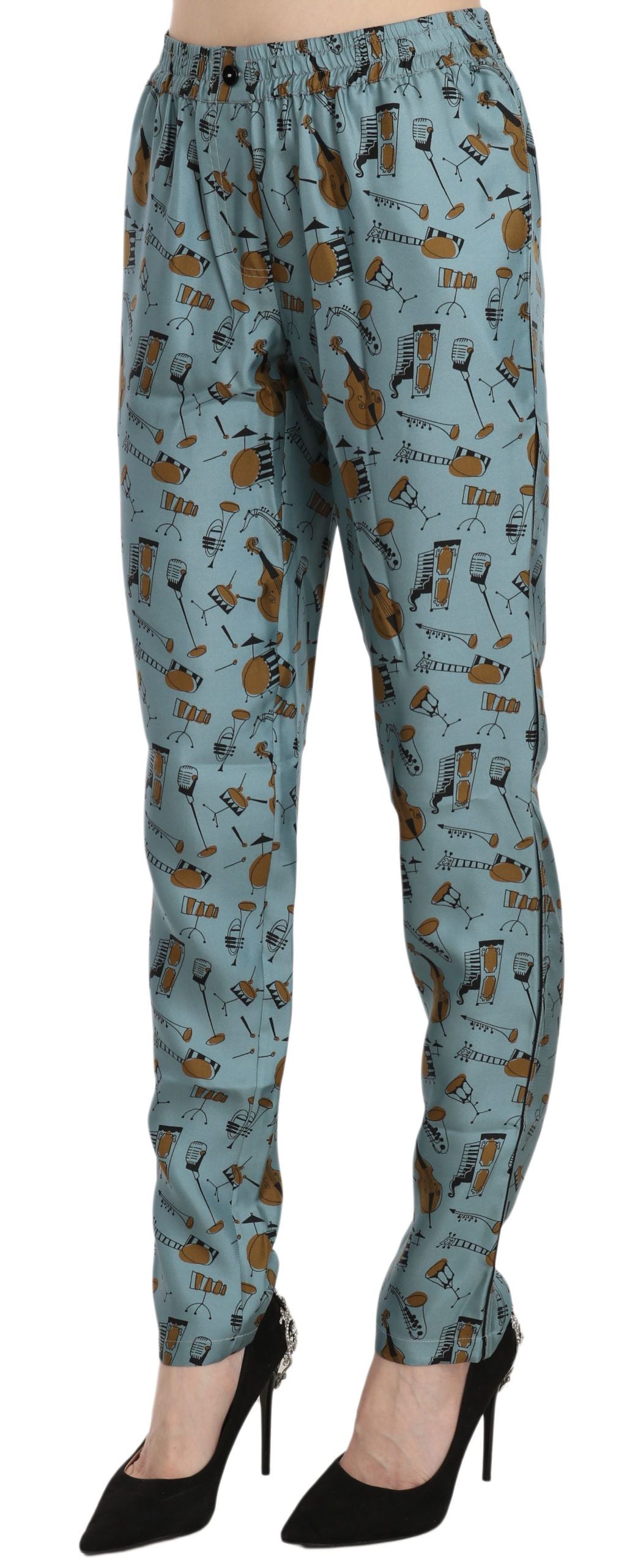 Dolce & Gabbana Blue Tapered Pants with Musical Instrument Print-3