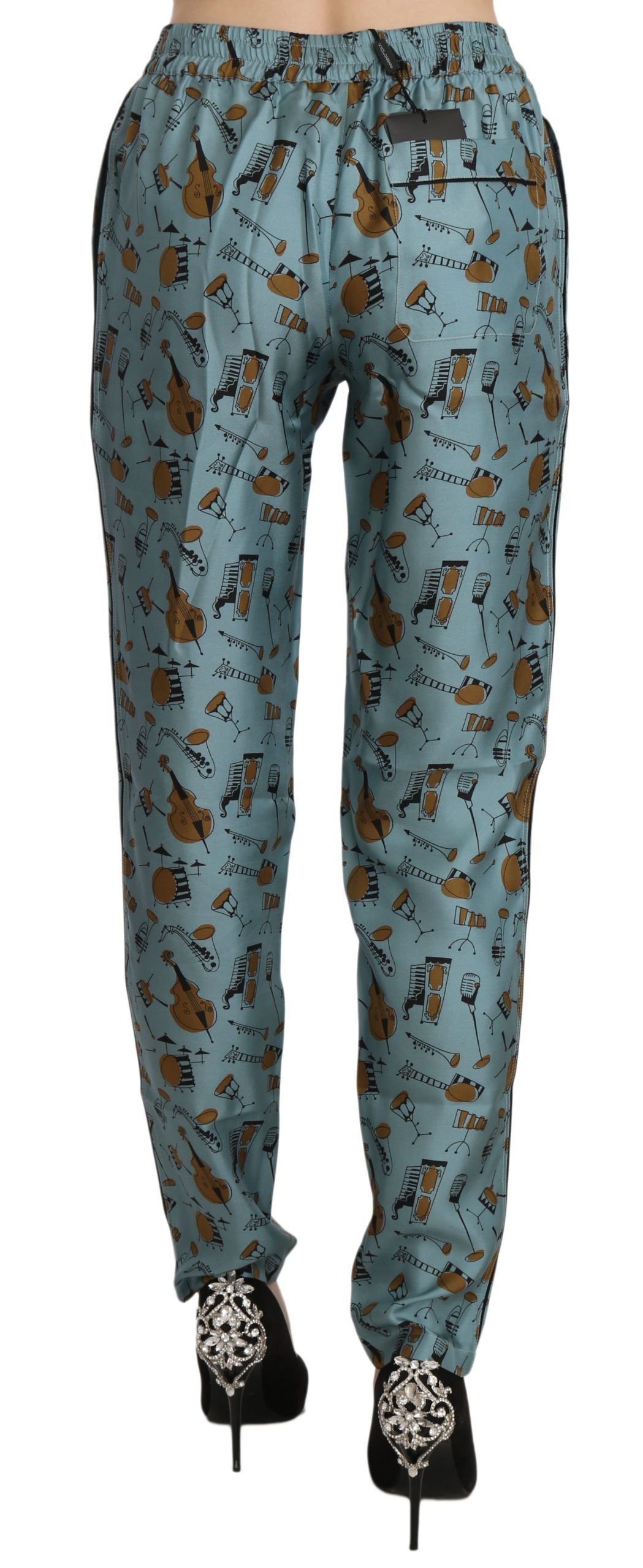 Dolce & Gabbana Blue Tapered Pants with Musical Instrument Print-4