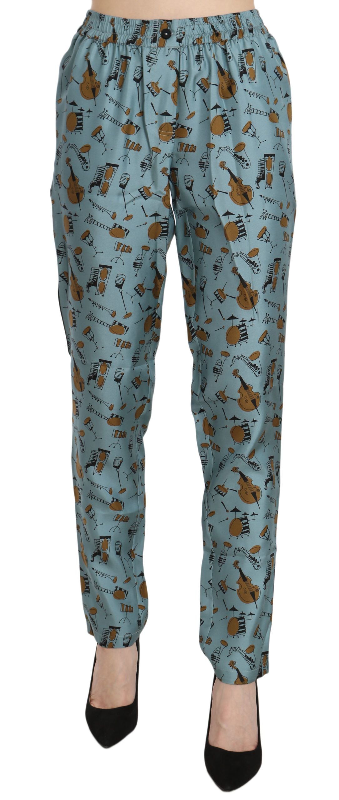 Dolce & Gabbana Blue Tapered Pants with Musical Instrument Print-1