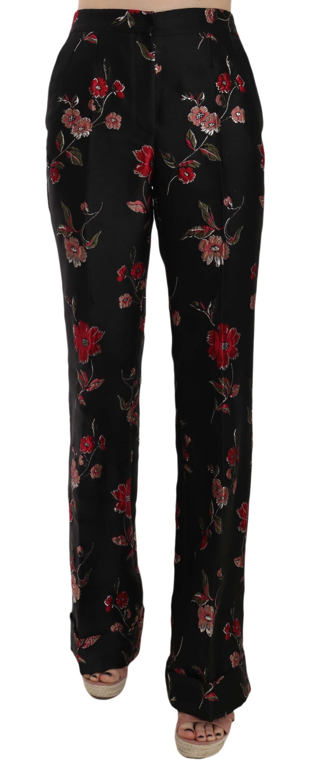 Dolce & Gabbana Black Boot-Cut Trousers with Floral Print