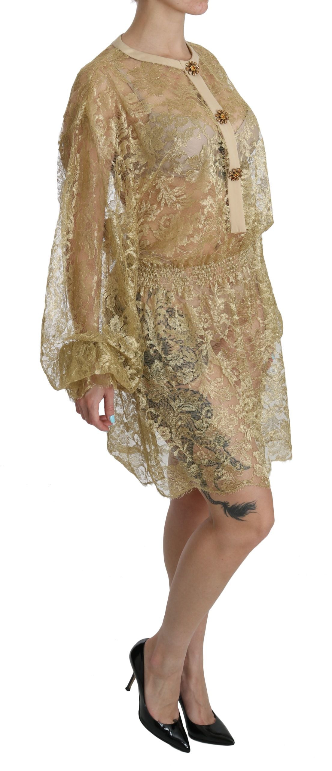 Dolce & Gabbana Goldfarbenes Kleid mit durchgehender Spitze in A-Linie und knielang-2