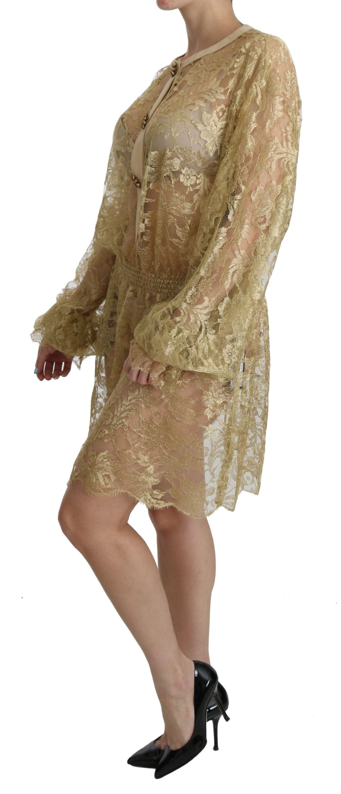 Dolce & Gabbana Goldfarbenes Kleid mit durchgehender Spitze in A-Linie und knielang-3