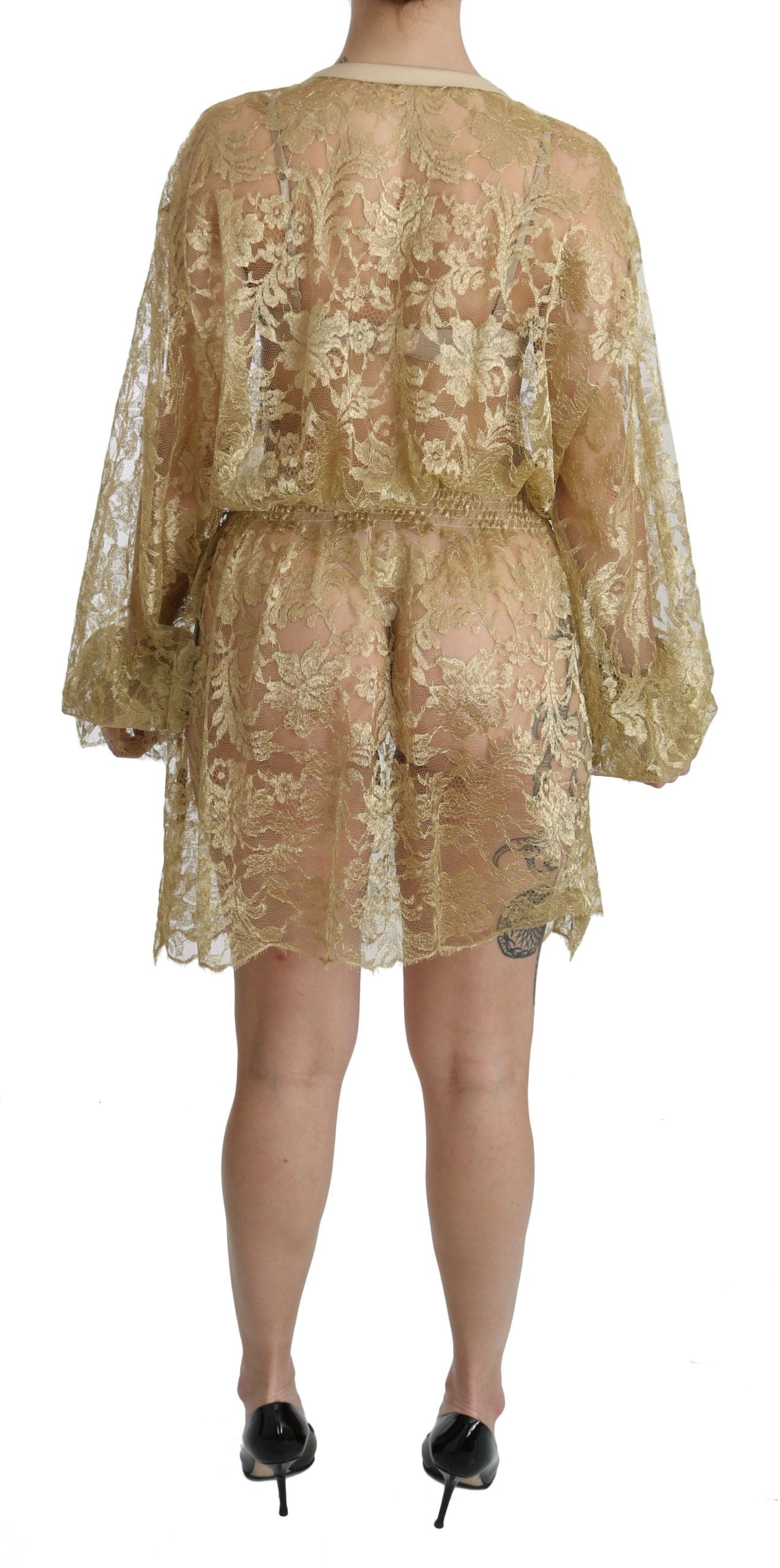 Dolce & Gabbana Goldfarbenes Kleid mit durchgehender Spitze in A-Linie und knielang-4