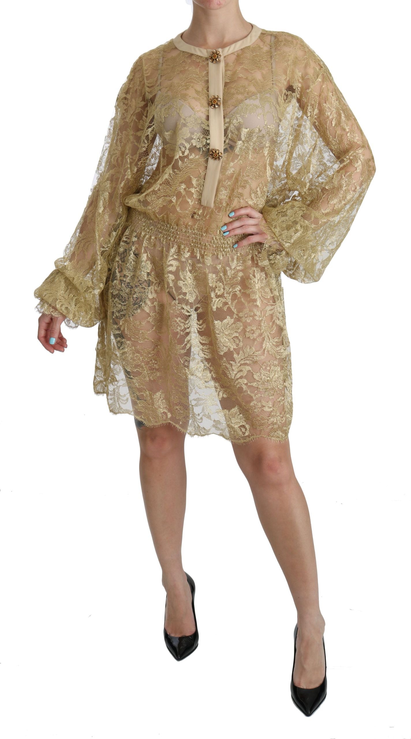 Dolce & Gabbana Goldfarbenes Kleid mit durchgehender Spitze in A-Linie und knielang-1