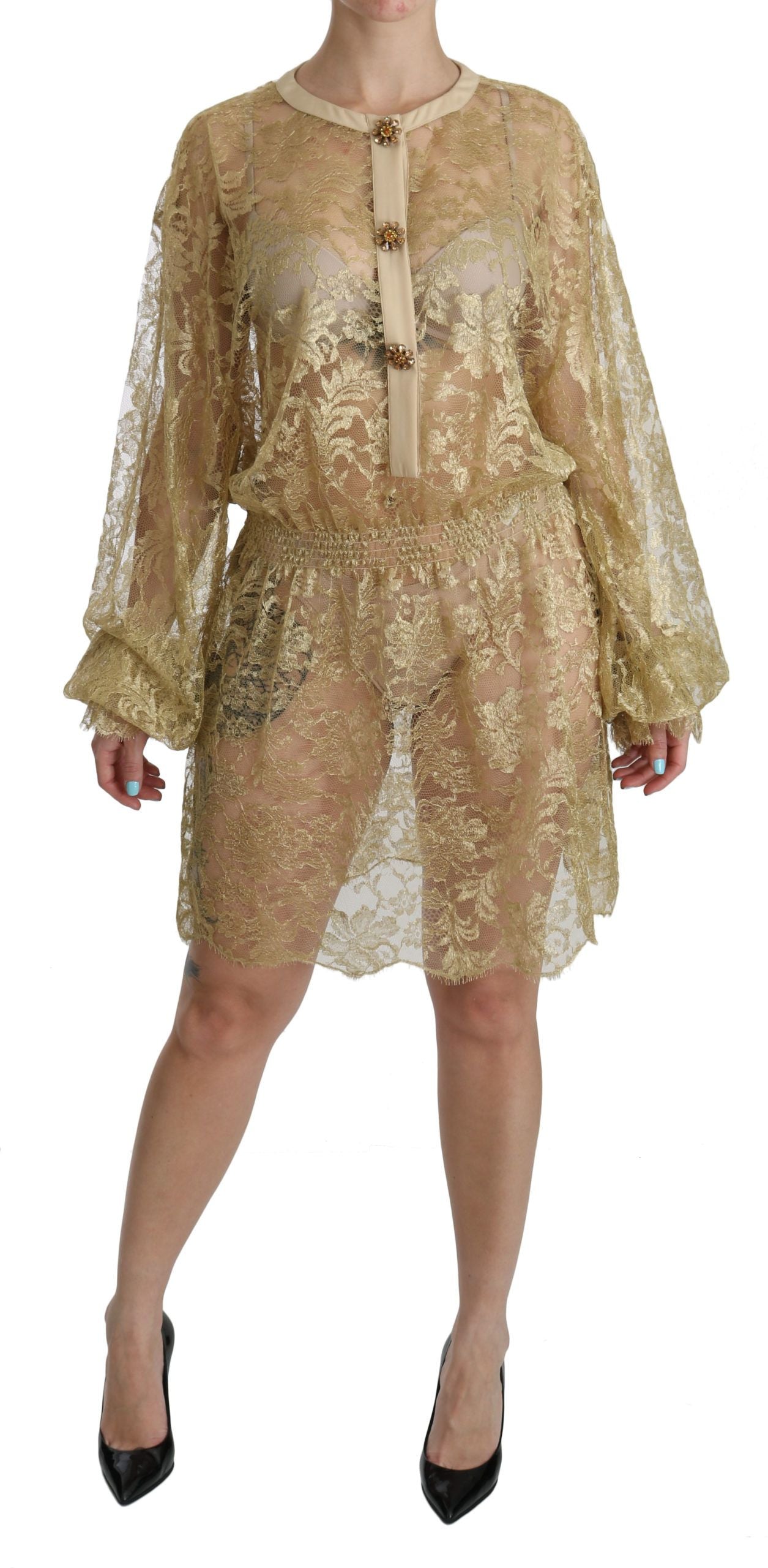 Dolce & Gabbana Goldfarbenes Kleid mit durchgehender Spitze in A-Linie und knielang-5