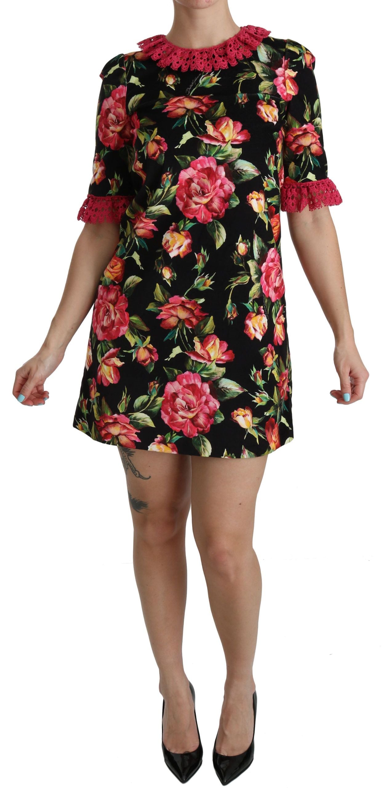 Dolce & Gabbana pink lace mini dress with floral pattern and A-line shift-2