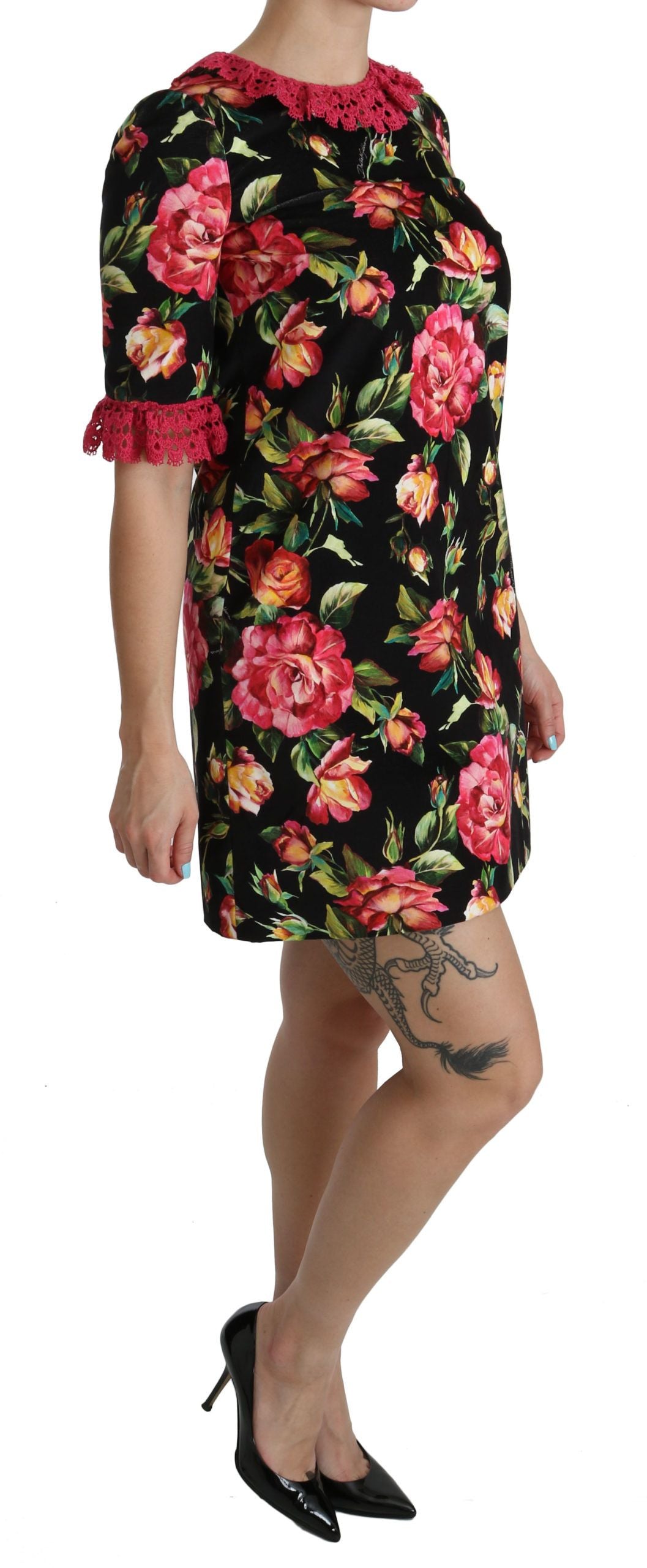 Dolce & Gabbana pink lace mini dress with floral pattern and A-line shift-3