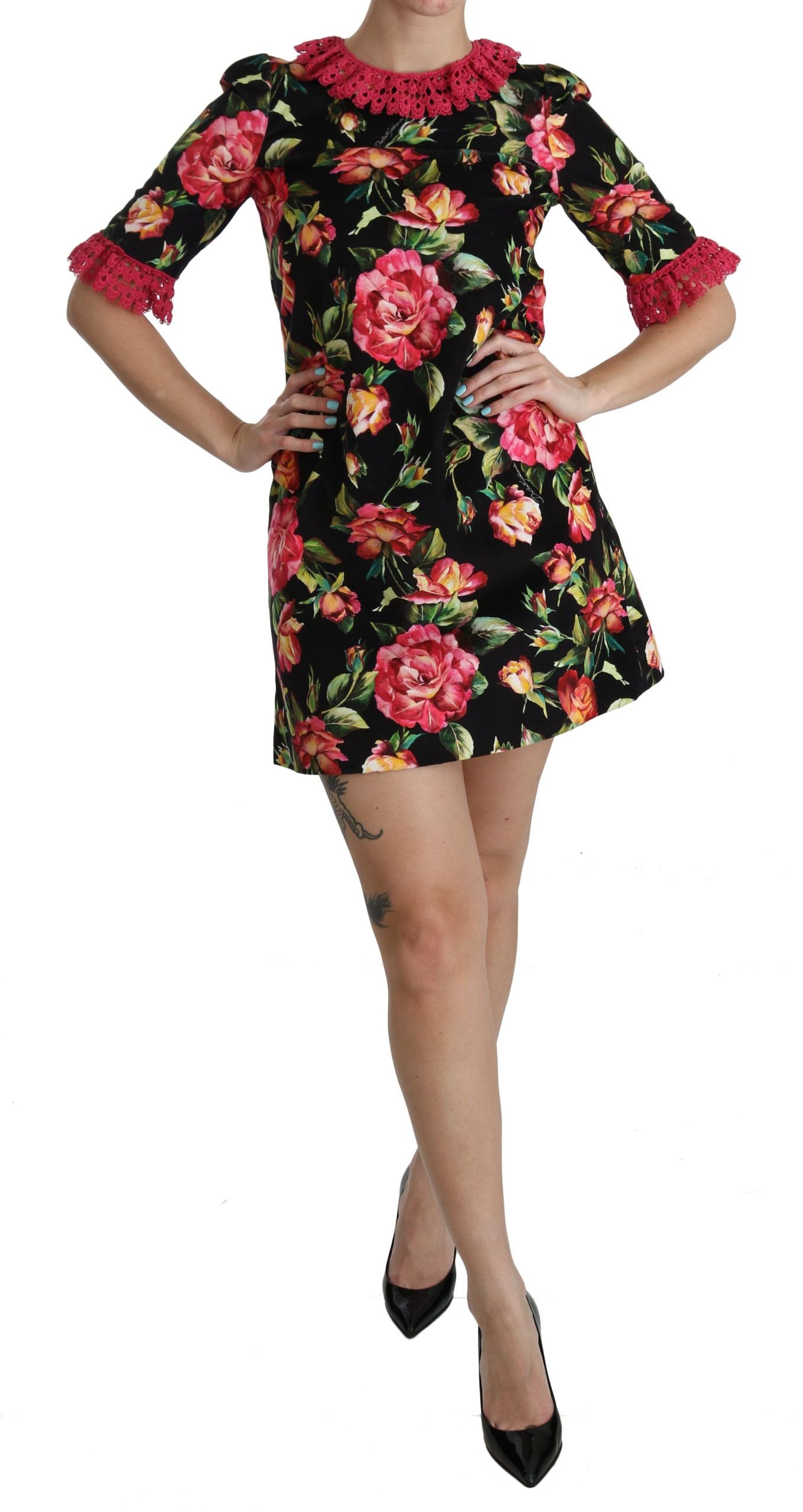Dolce & Gabbana pink lace mini dress with floral pattern and A-line shift-1