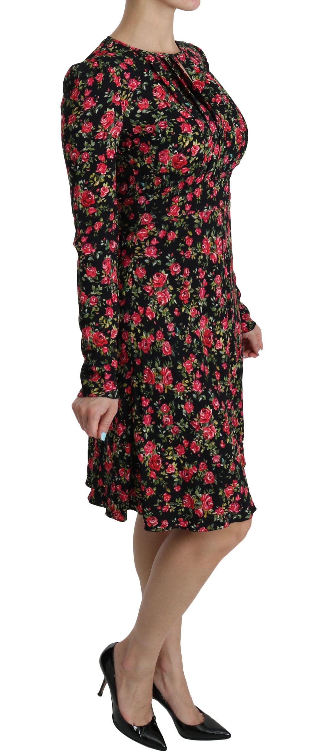 Dolce & Gabbana Schwarzes geblümtes langärmeliges, knielanges Kleid-2