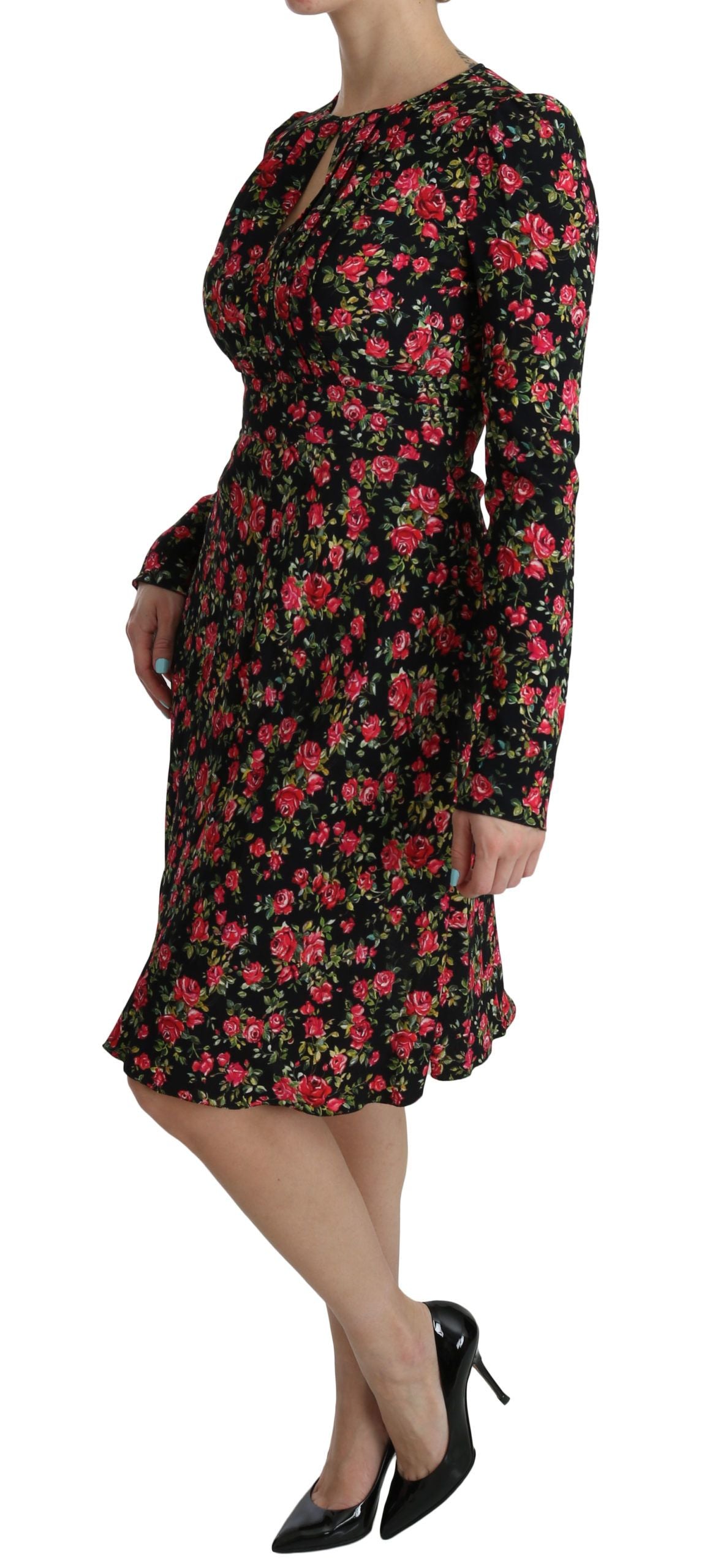 Dolce & Gabbana Schwarzes geblümtes langärmeliges, knielanges Kleid-3