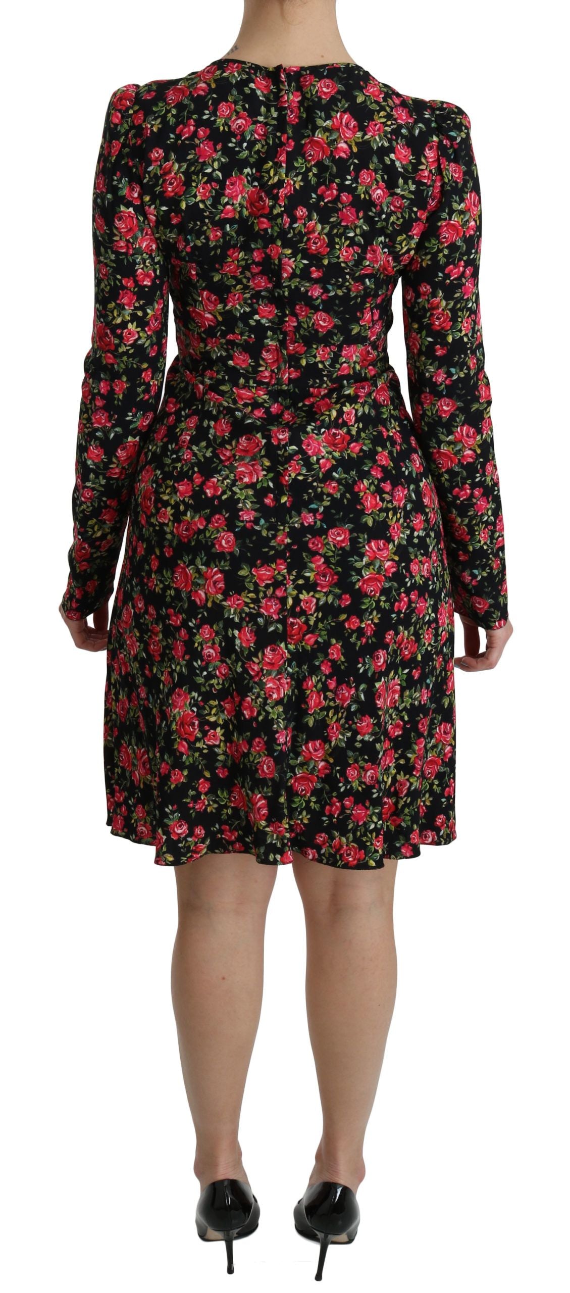 Dolce & Gabbana Schwarzes geblümtes langärmeliges, knielanges Kleid-4