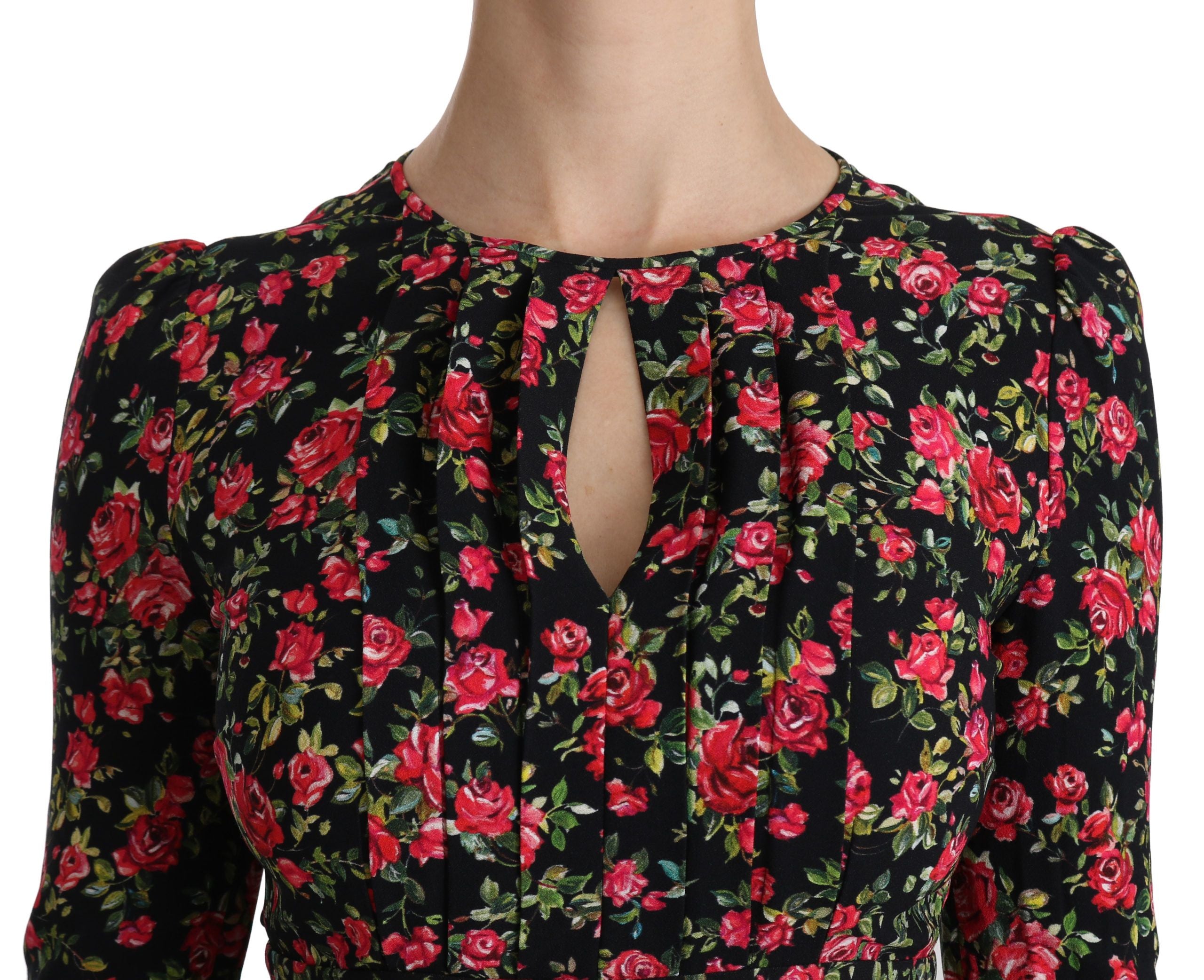 Dolce & Gabbana Schwarzes geblümtes langärmeliges, knielanges Kleid-5