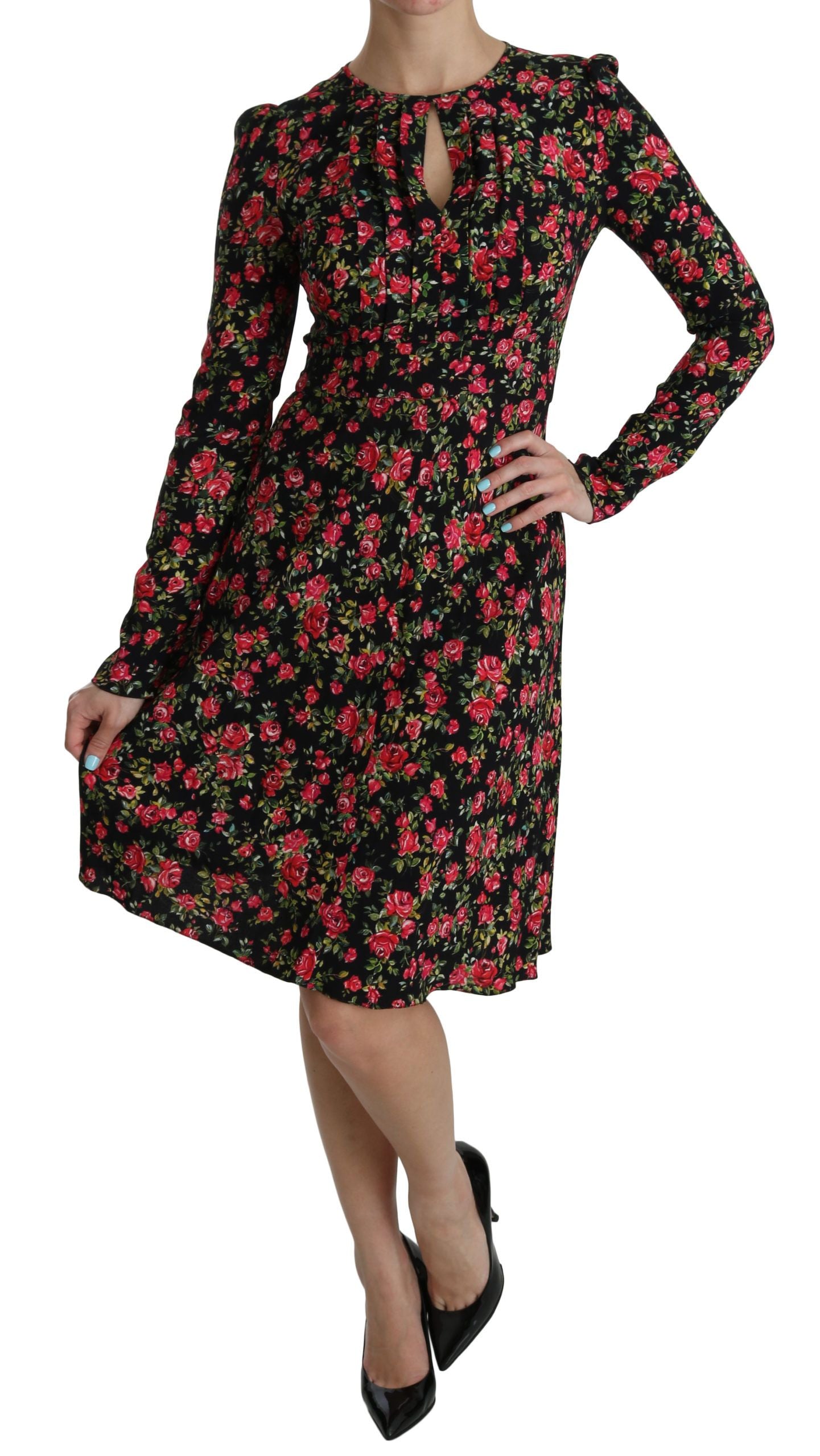 Dolce & Gabbana Schwarzes geblümtes langärmeliges, knielanges Kleid-6