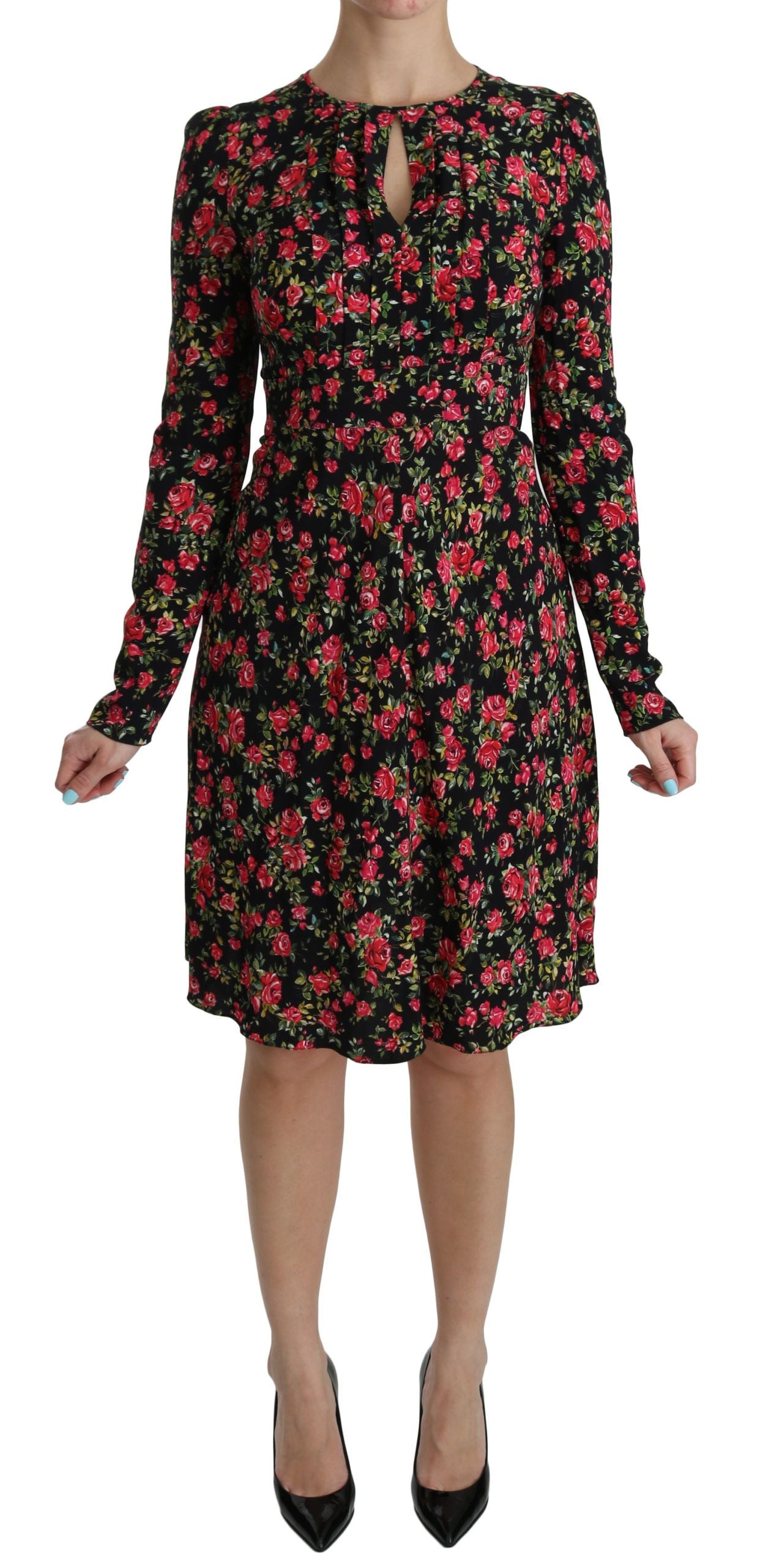 Dolce & Gabbana Schwarzes geblümtes langärmeliges, knielanges Kleid-1