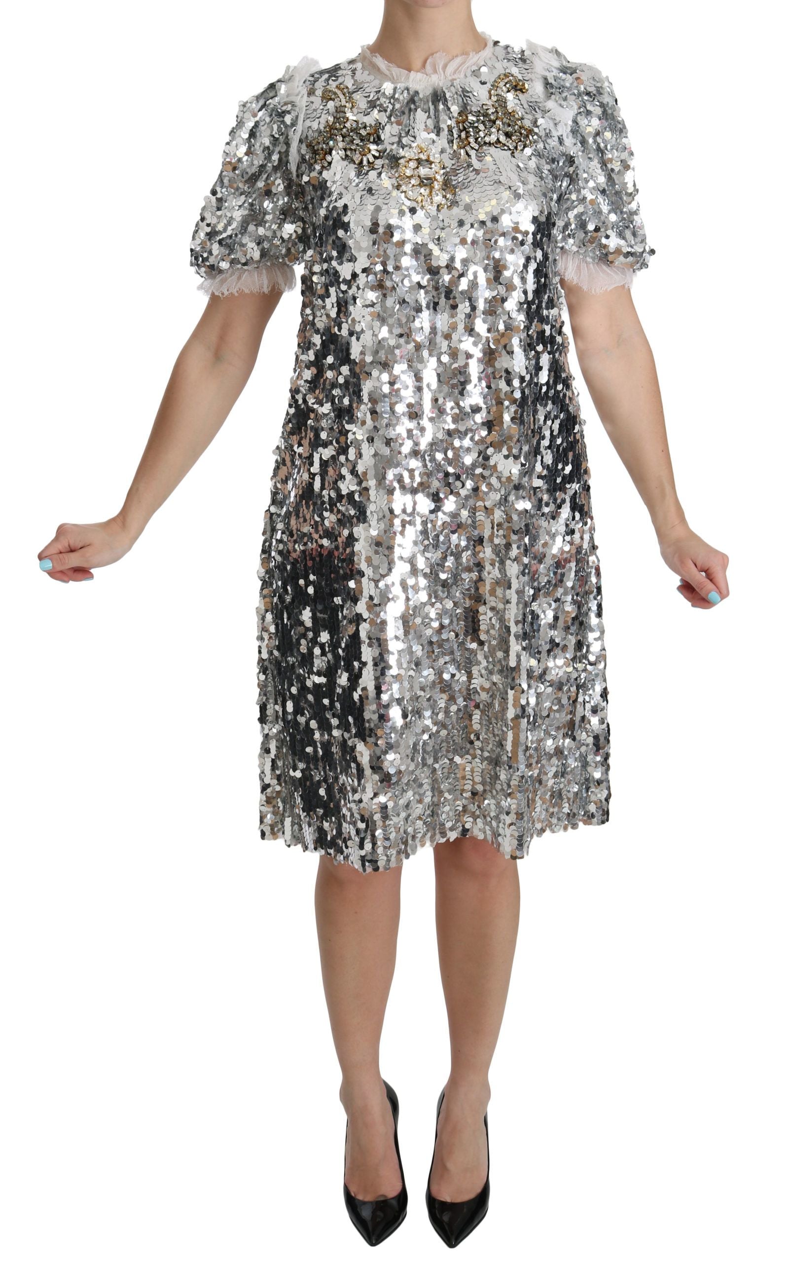 Dolce & Gabbana Silbernes, paillettenbesetztes Kristall-Shift-Kleid-1