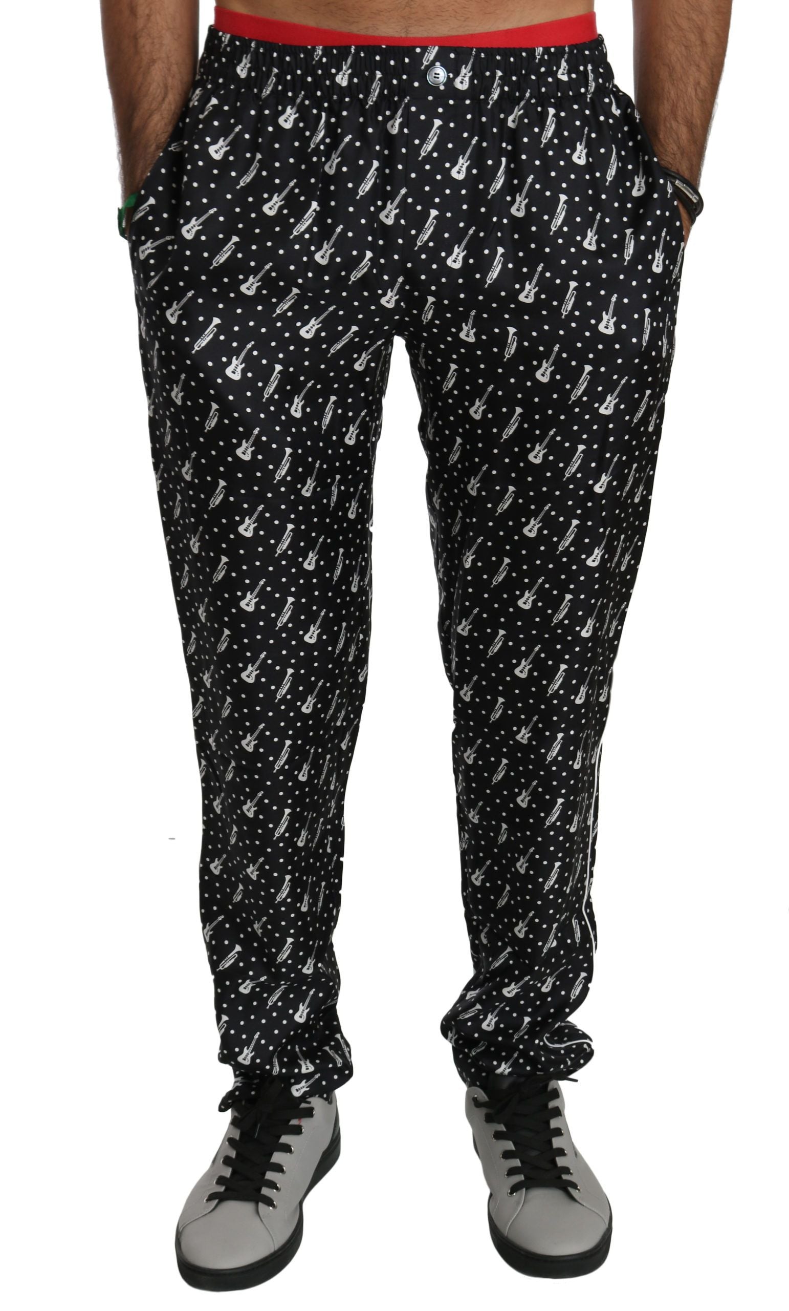 Pantalones de seda con estampado de instrumentos musicales negros de Dolce & Gabbana-1