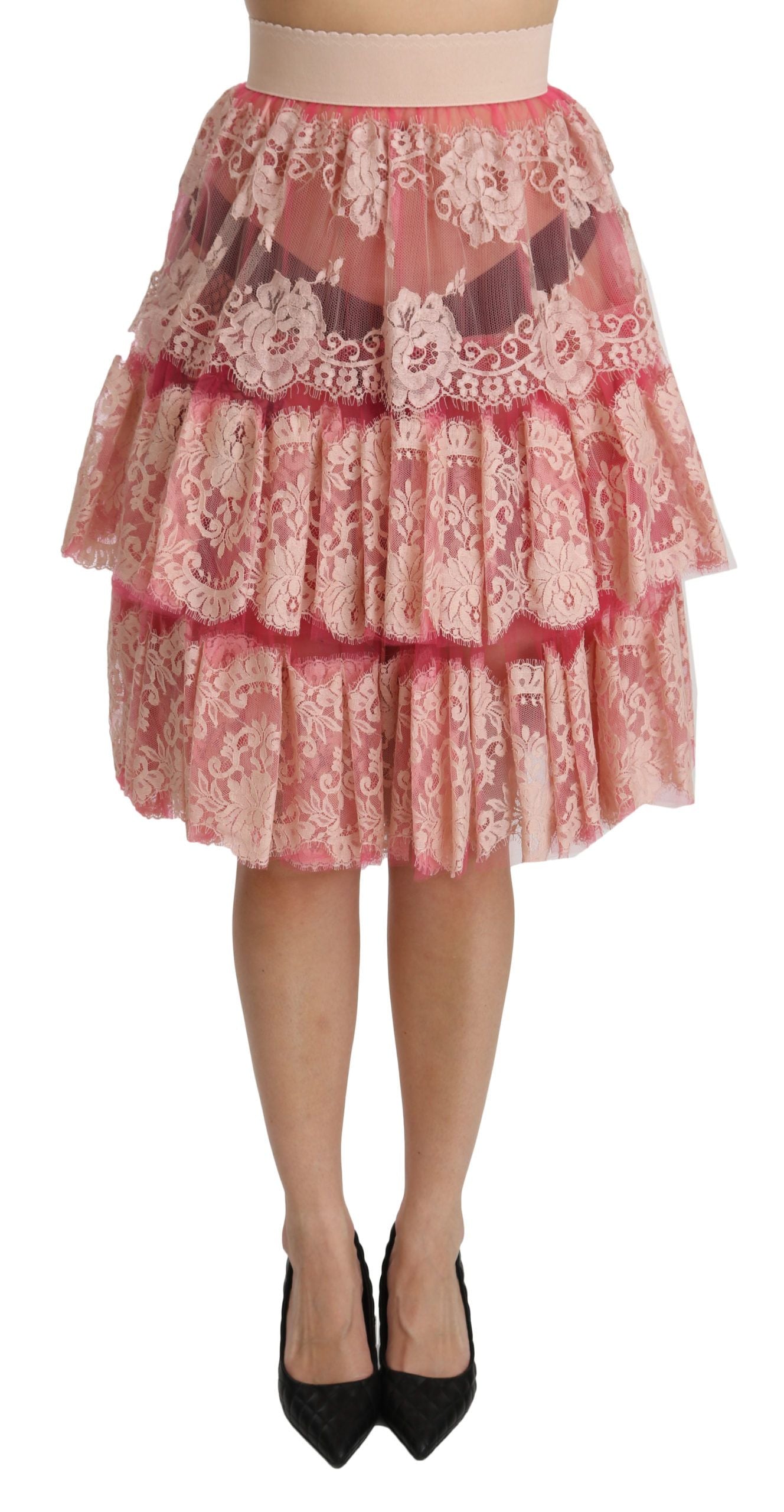 Dolce & Gabbana pink lace, layered, high waist, knee-length skirt
