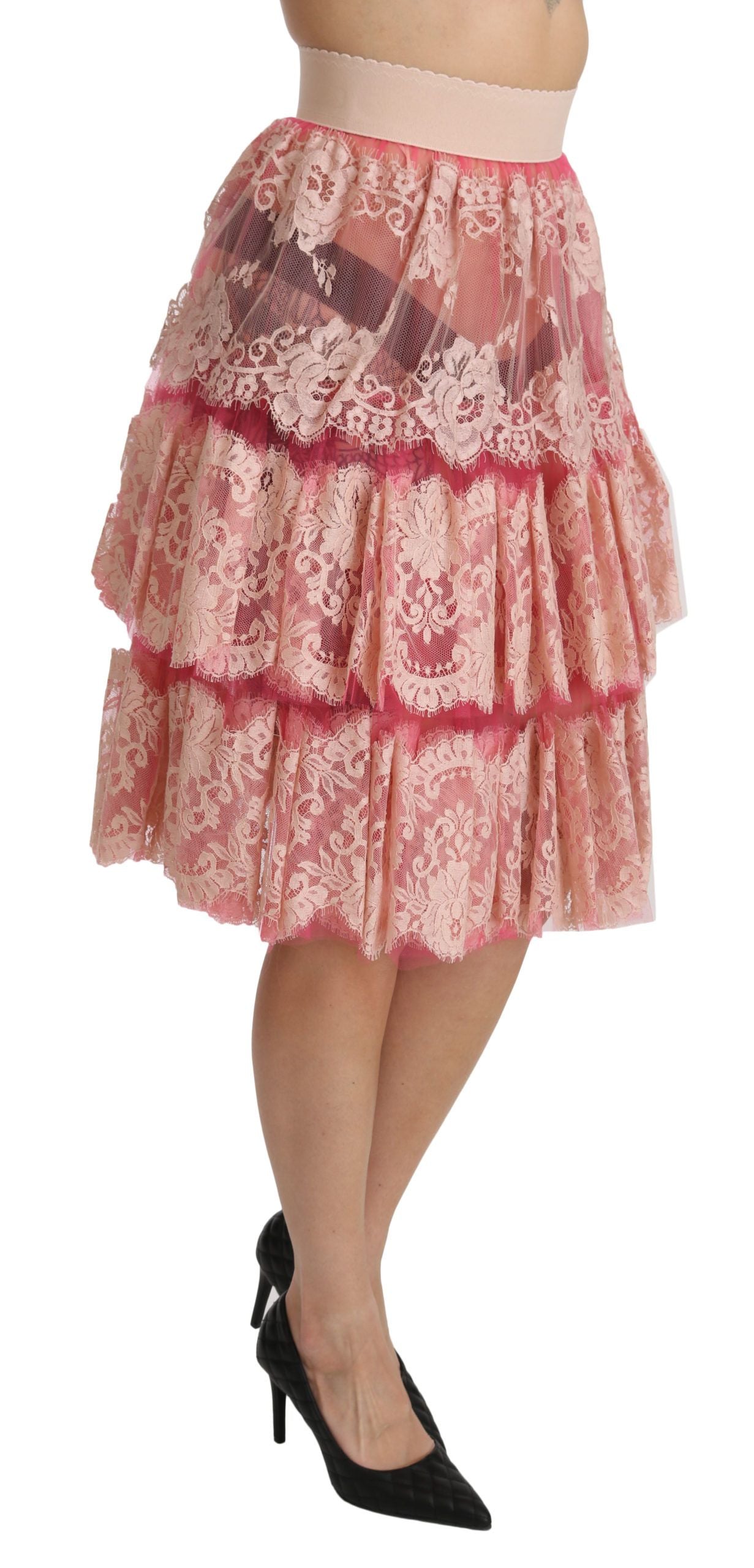 Dolce & Gabbana pink lace, layered, high waist, knee-length skirt-2