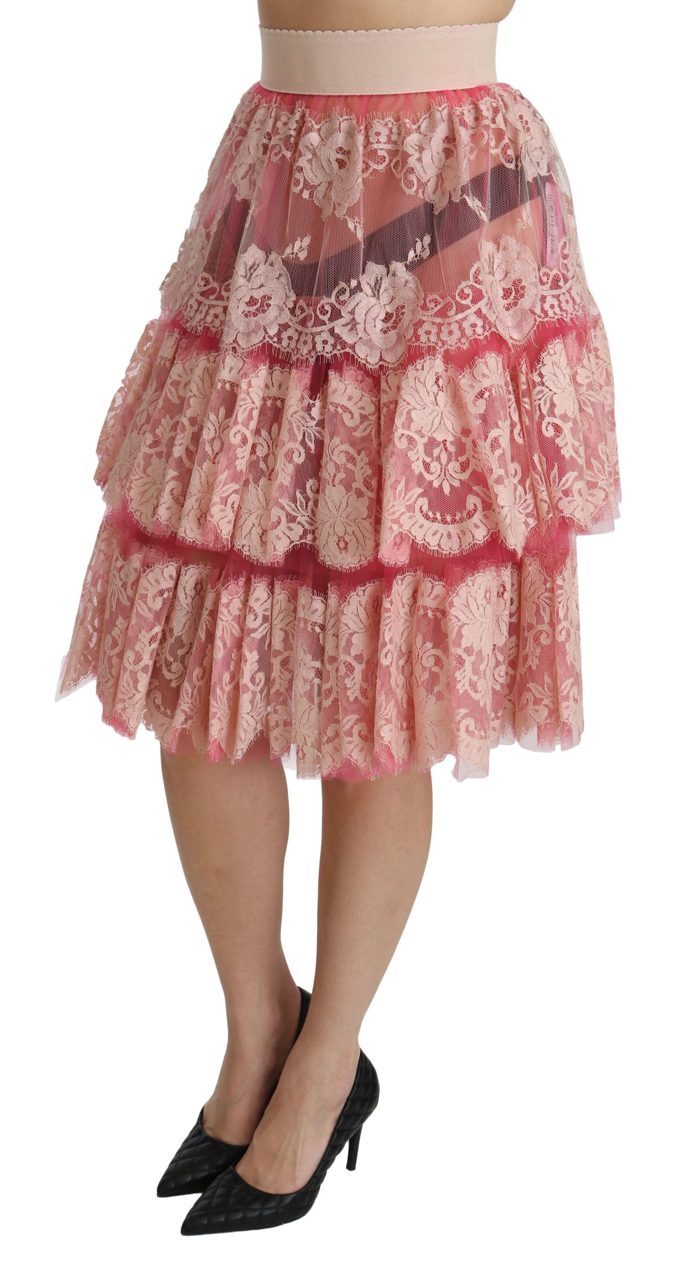Dolce & Gabbana pink lace, layered, high waist, knee-length skirt-3