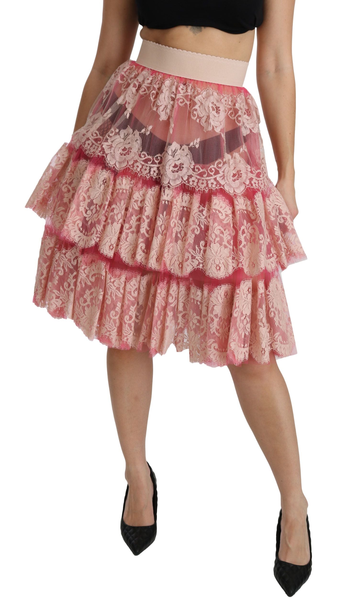 Dolce & Gabbana pink lace, layered, high waist, knee-length skirt-5
