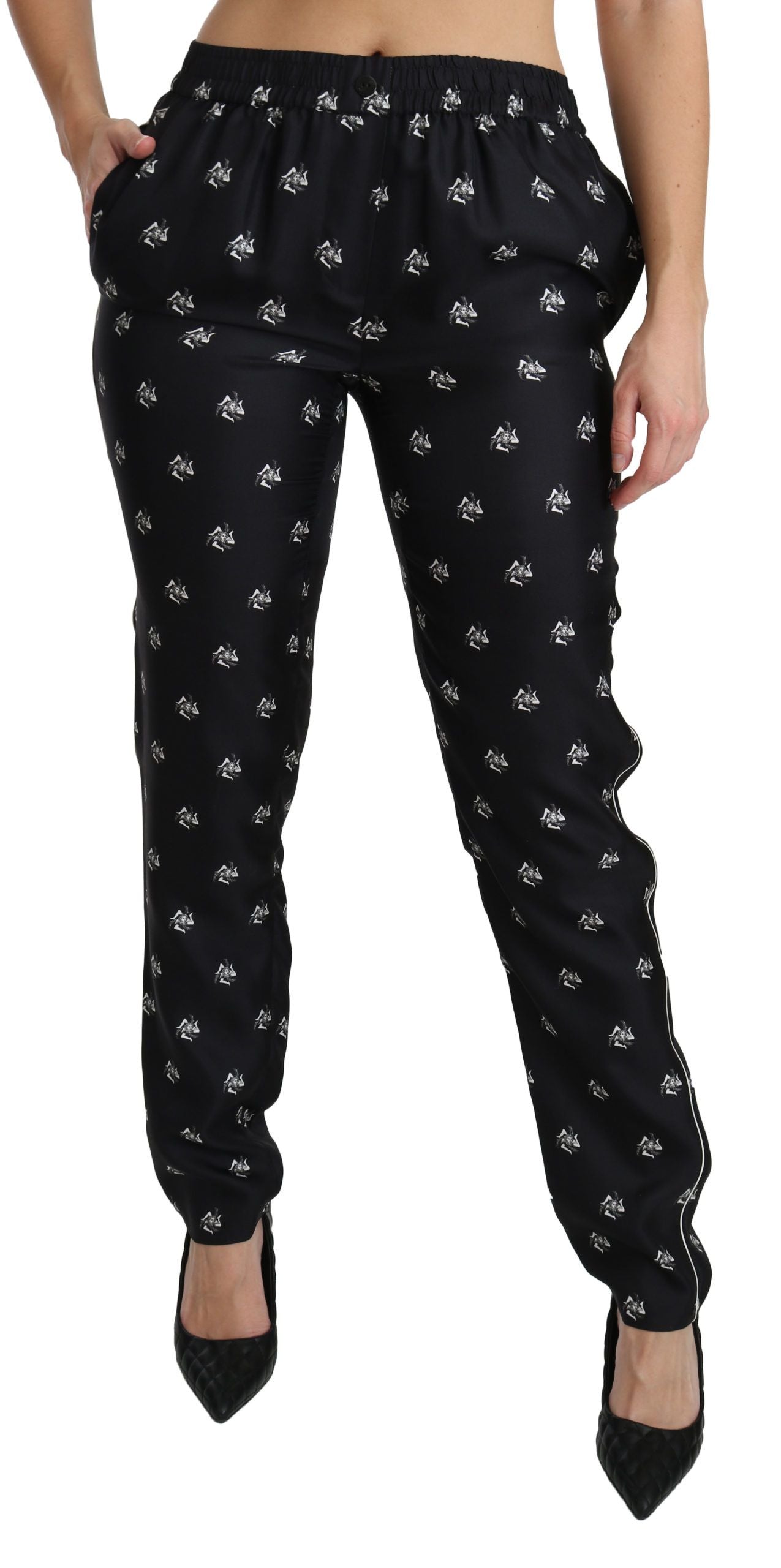 Dolce & Gabbana Schwarze bedruckte Skinny-Hose aus Seide mit mittlerer Taille-5