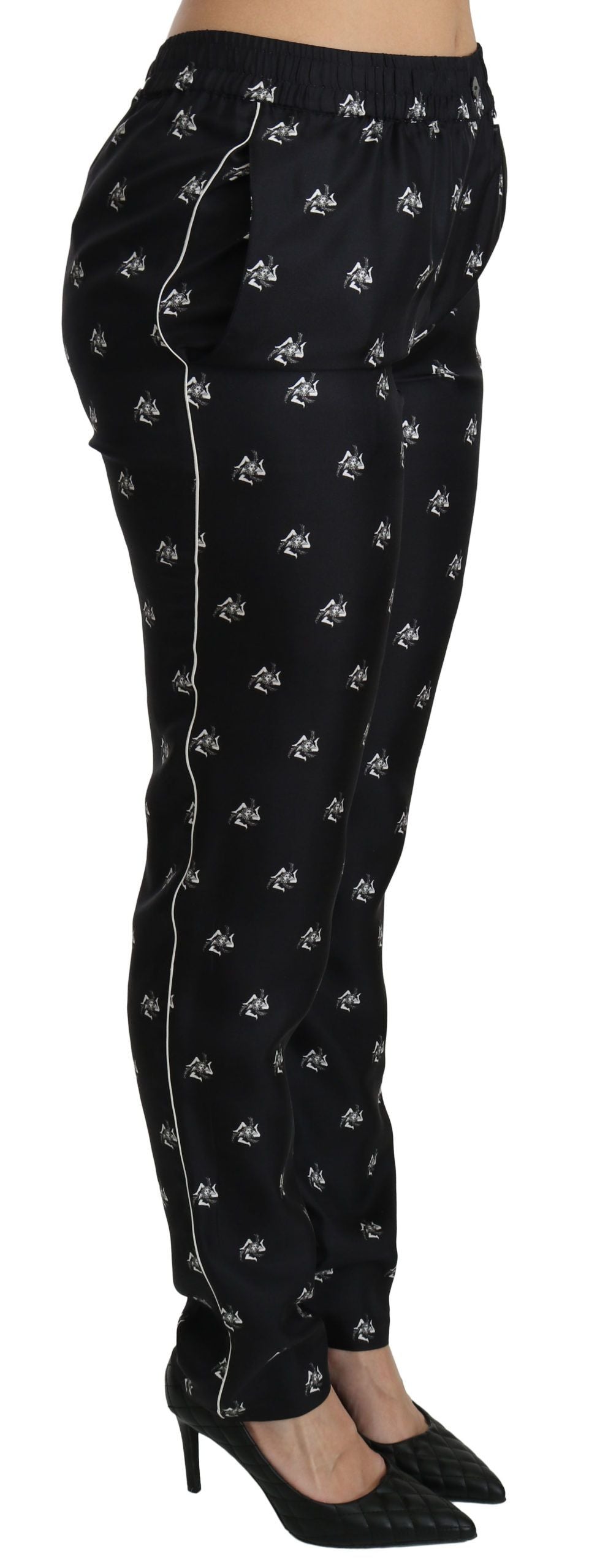 Dolce & Gabbana Schwarze bedruckte Skinny-Hose aus Seide mit mittlerer Taille-4