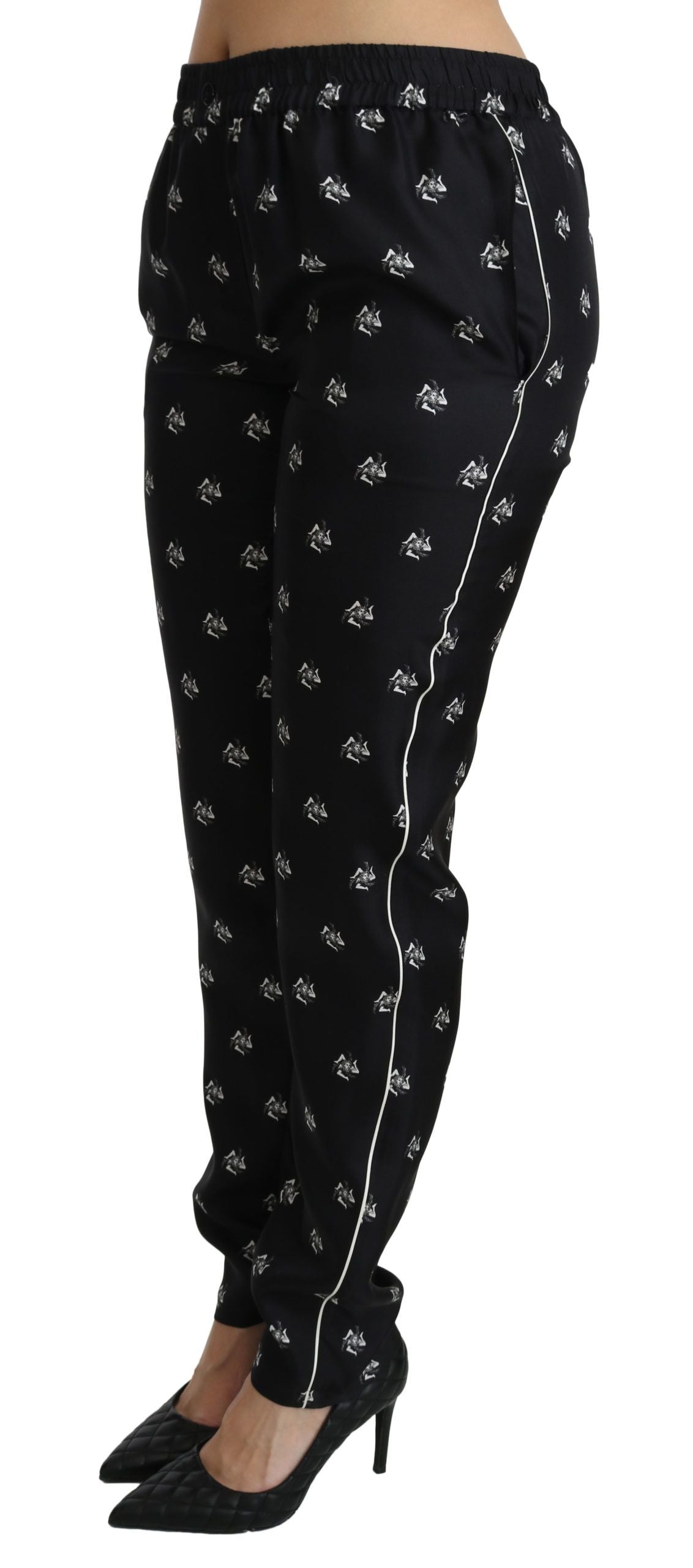 Dolce & Gabbana Schwarze bedruckte Skinny-Hose aus Seide mit mittlerer Taille-3
