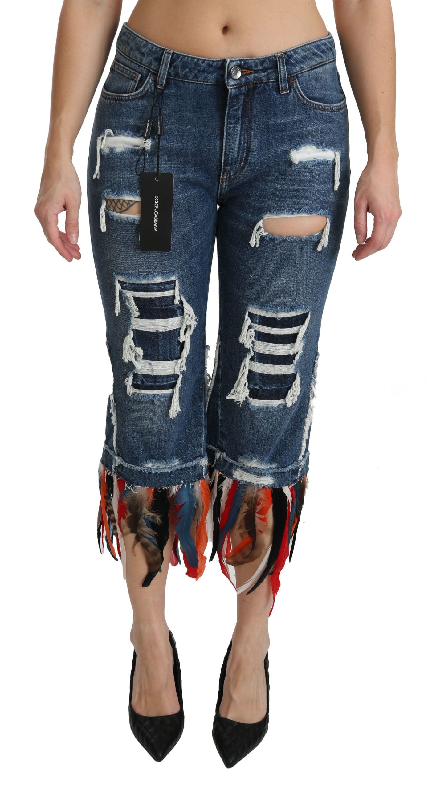 Dolce & Gabbana Blue Feathers Low-waisted cotton jeans