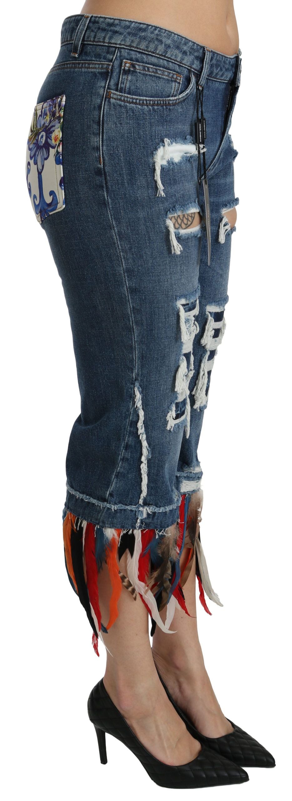 Dolce & Gabbana Blue Feathers Low-waisted cotton jeans-2