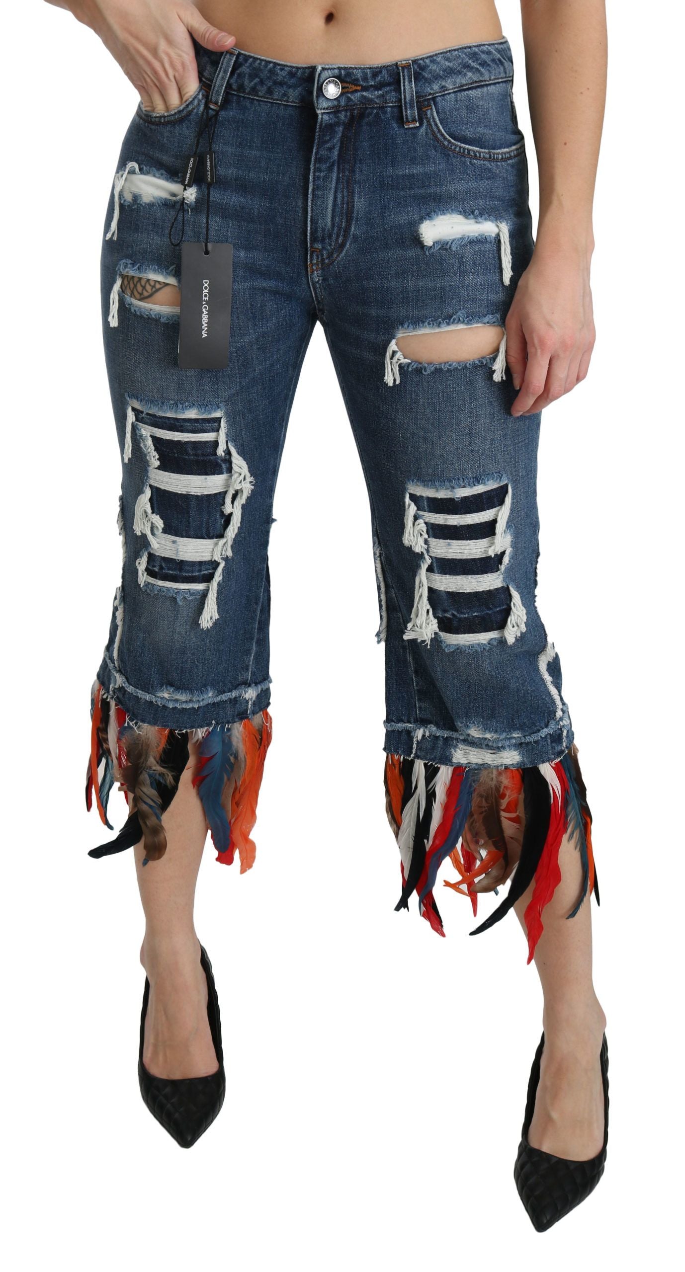 Dolce & Gabbana Blue Feathers Low-waisted cotton jeans-5