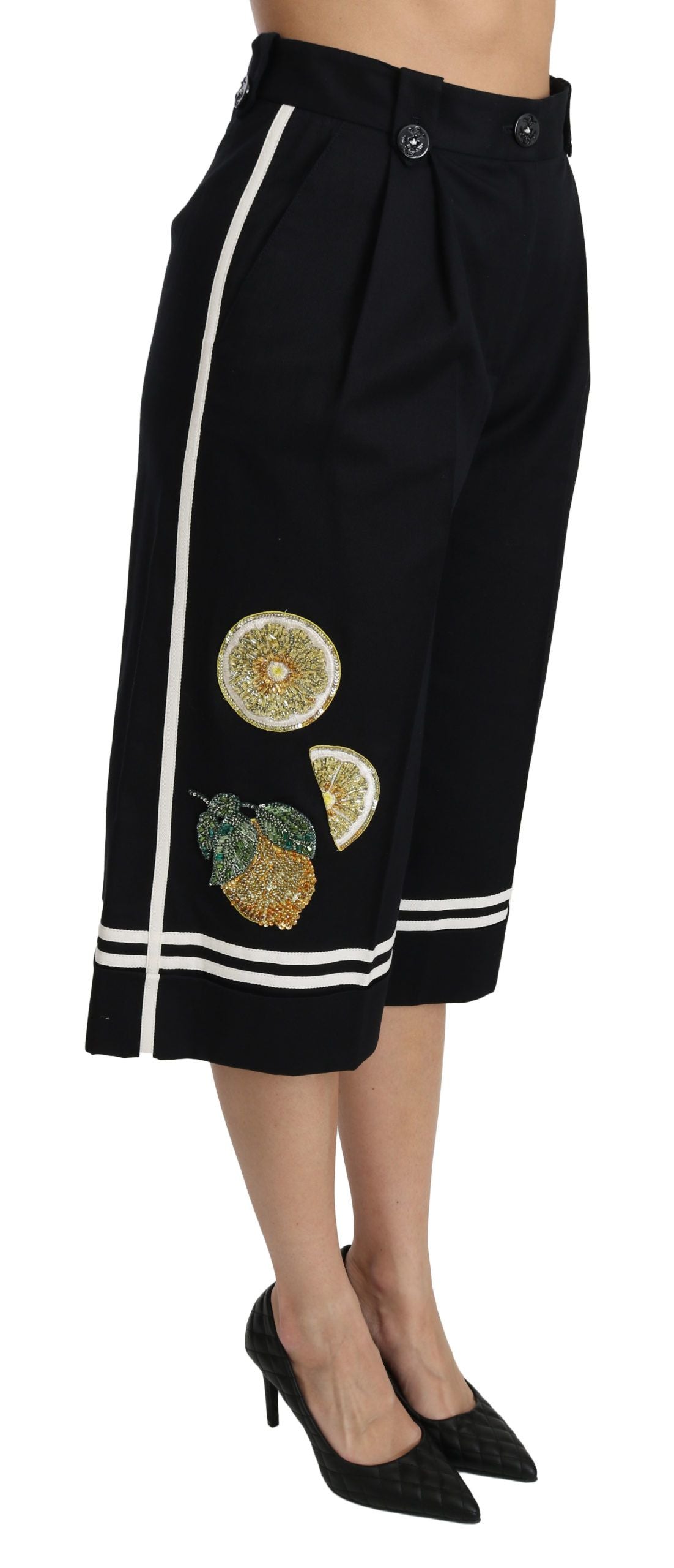 Dolce & Gabbana Schwarze Palazzo-Hose mit Zitronenverzierung und Cropped Pants-2