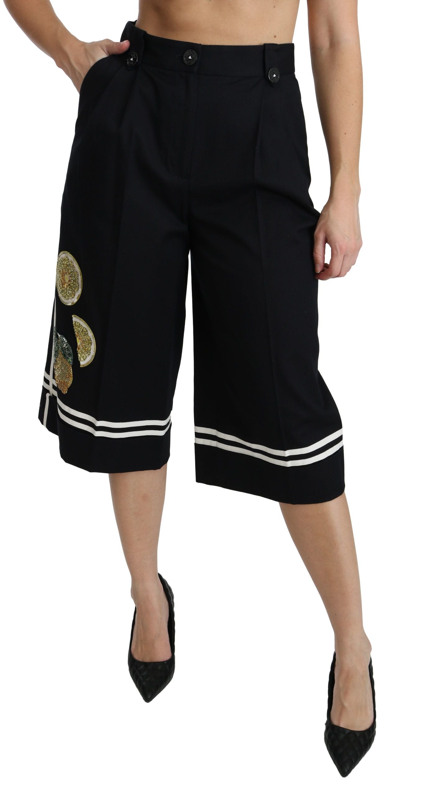 Dolce & Gabbana Schwarze Palazzo-Hose mit Zitronenverzierung und Cropped Pants-5