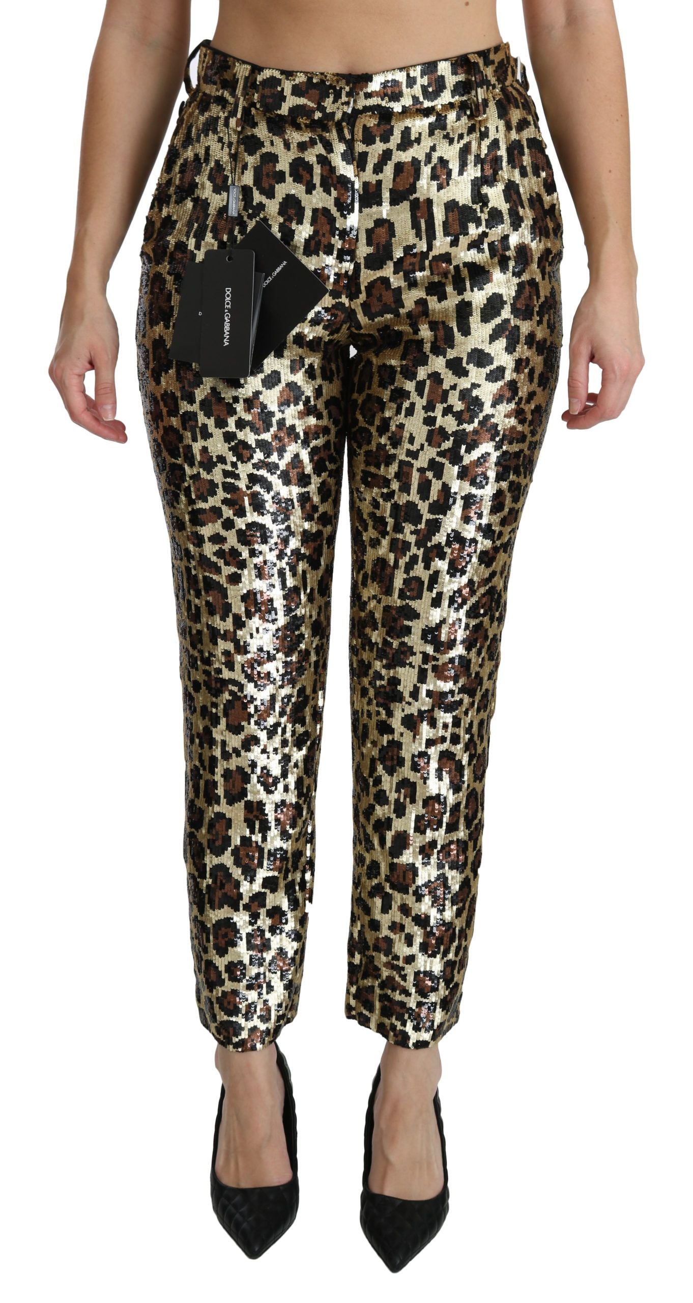Dolce & Gabbana Brown Leopard Sequin High-Waisted Trousers