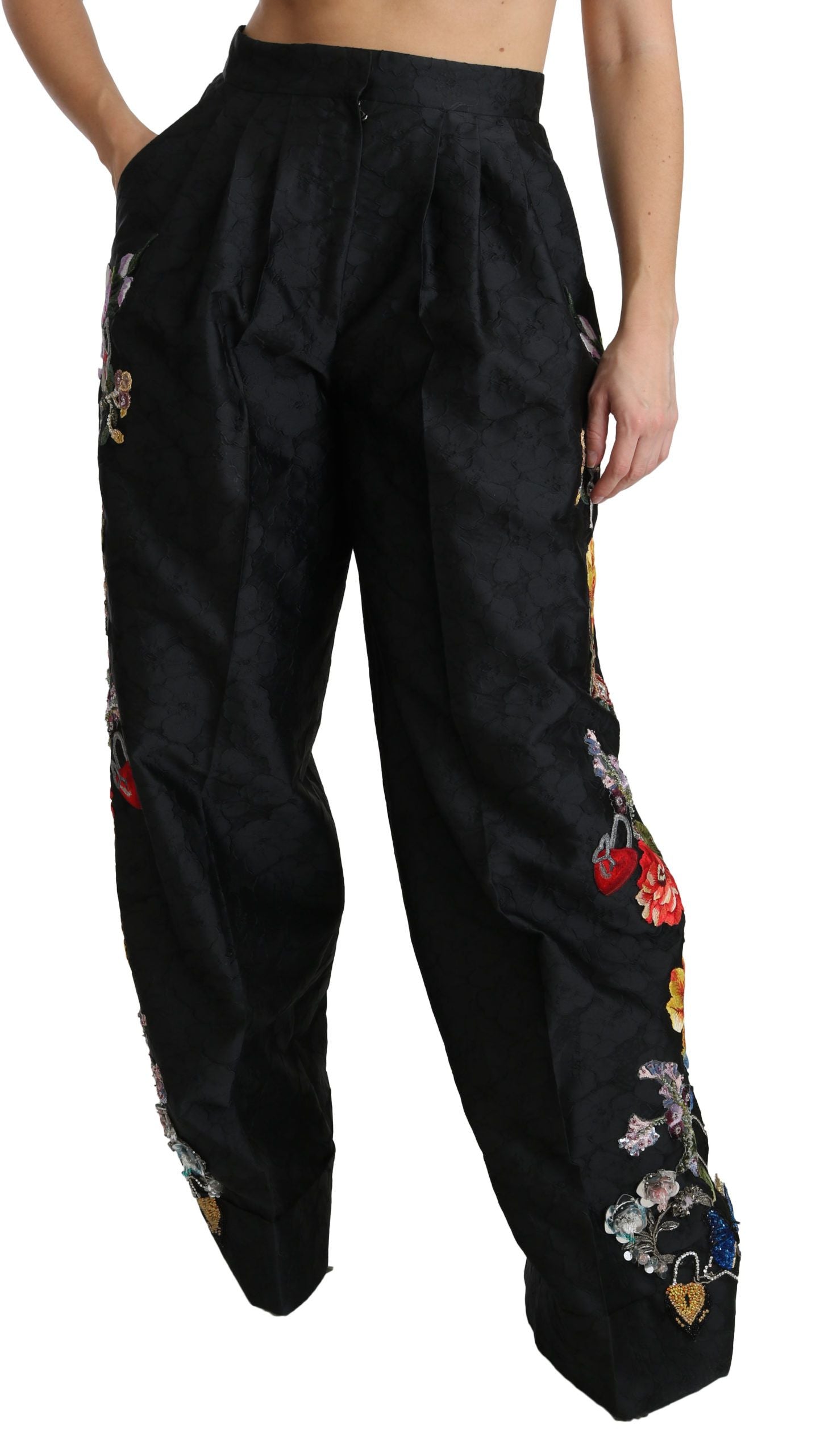 Dolce & Gabbana black brocade trousers with floral sequins and pearls-2
