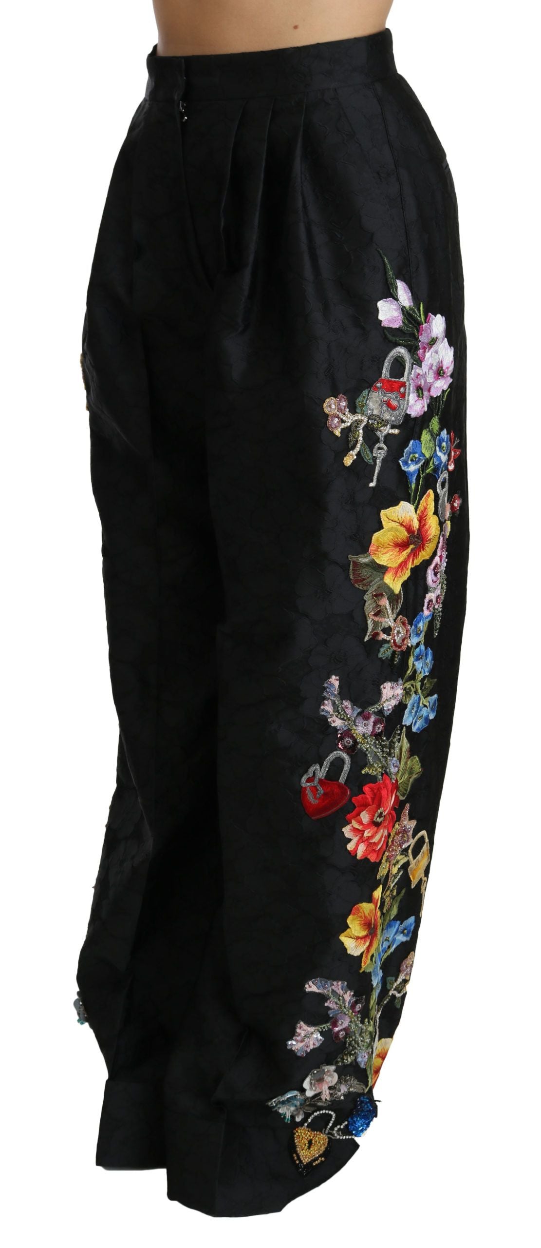 Dolce & Gabbana black brocade trousers with floral sequins and pearls-4